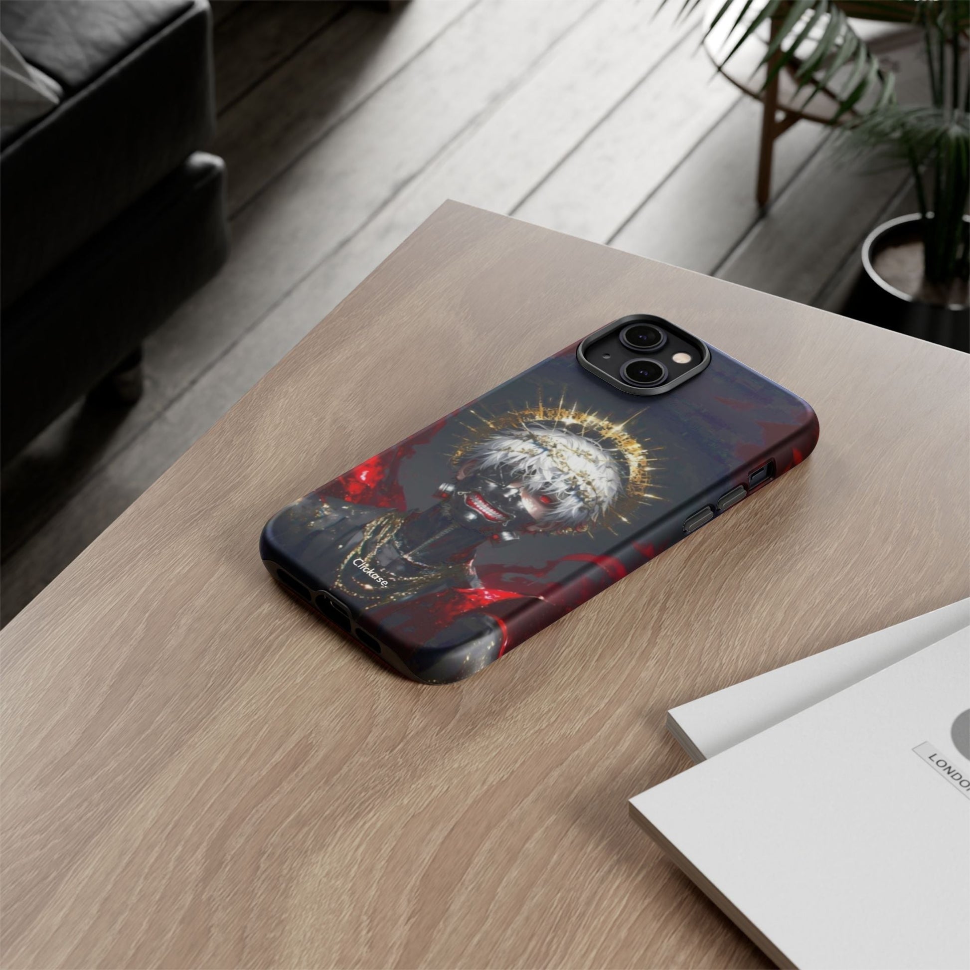 Ken Kaneki anime-themed durable phone case with 3D wrap and shock-absorbing silicone liner on wooden table