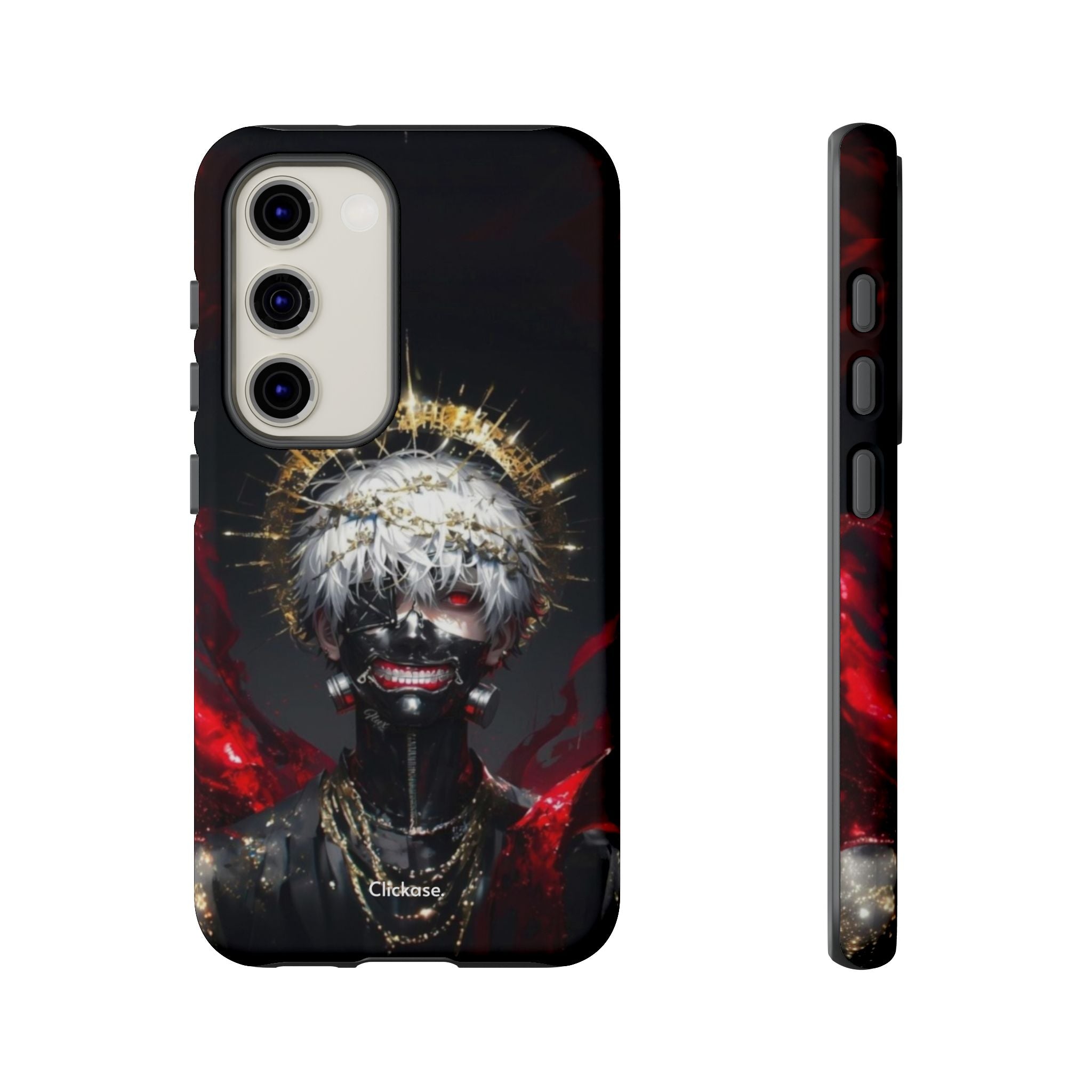 Ken Kaneki anime character phone case with bold dark design and red accents, durable protective cover for smartphones