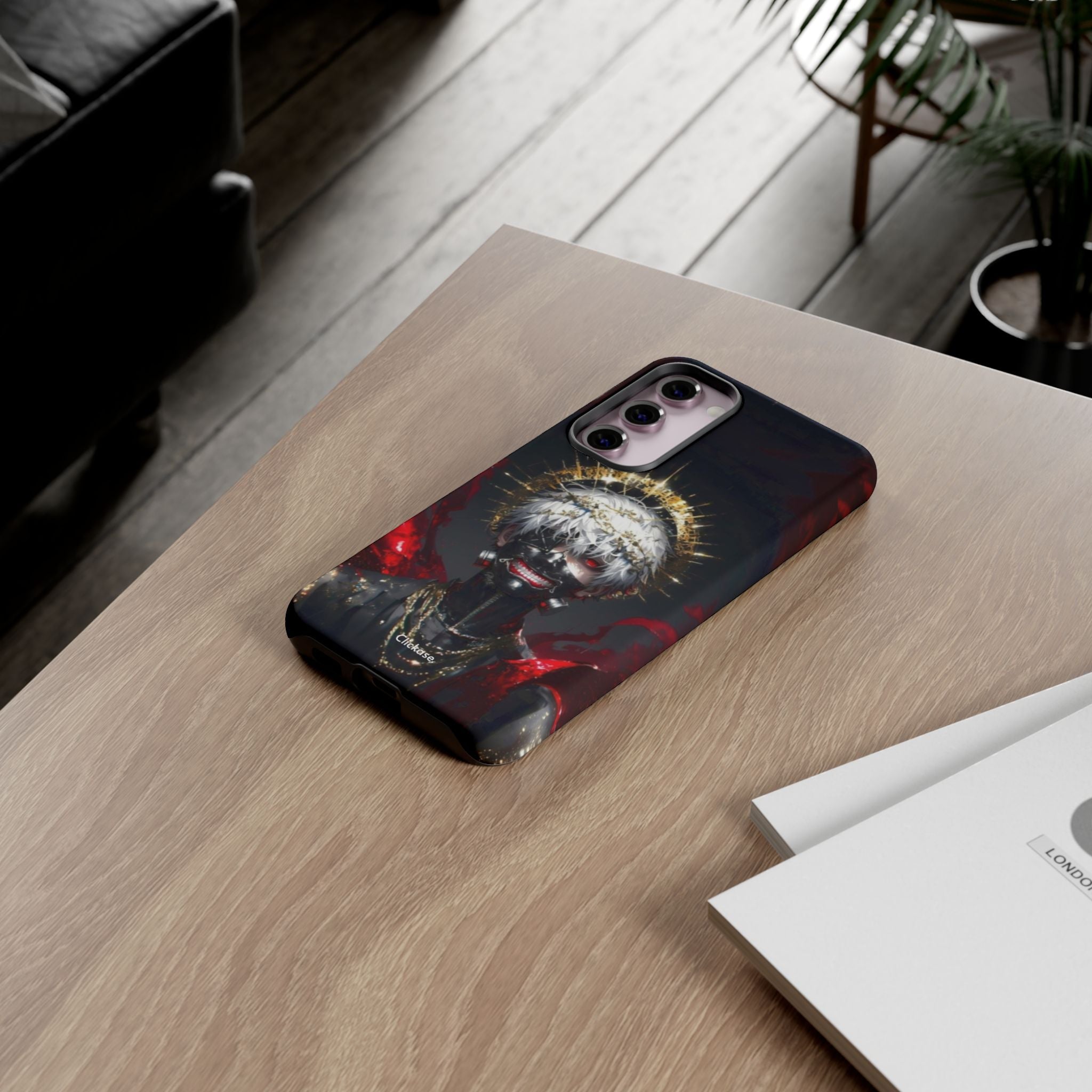 Ken Kaneki anime-themed phone case with durable shock-absorbing design and vibrant 3D wrap.