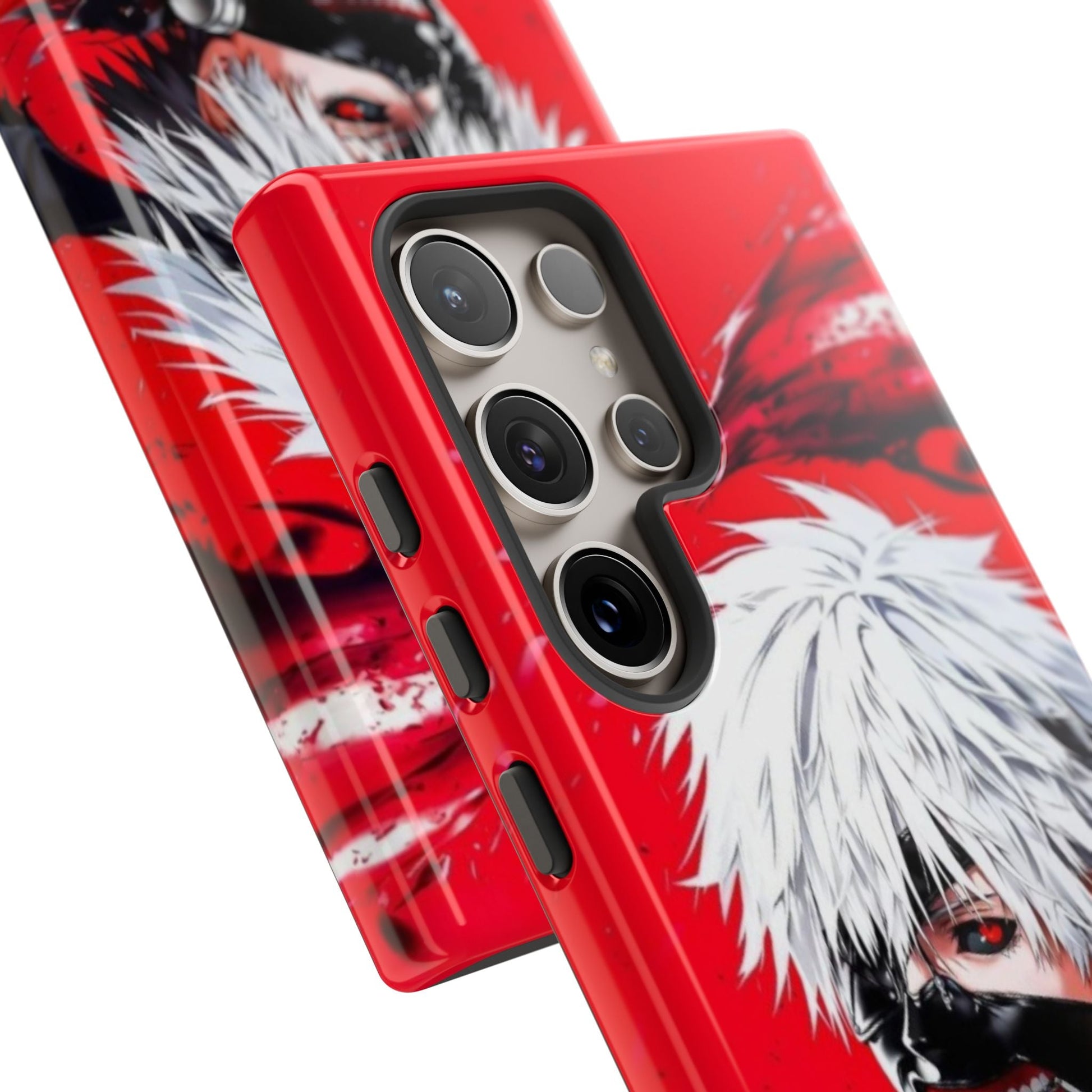 Ken Kaneki anime-themed red tough phone case with vibrant full-color design and shock-resistant protection