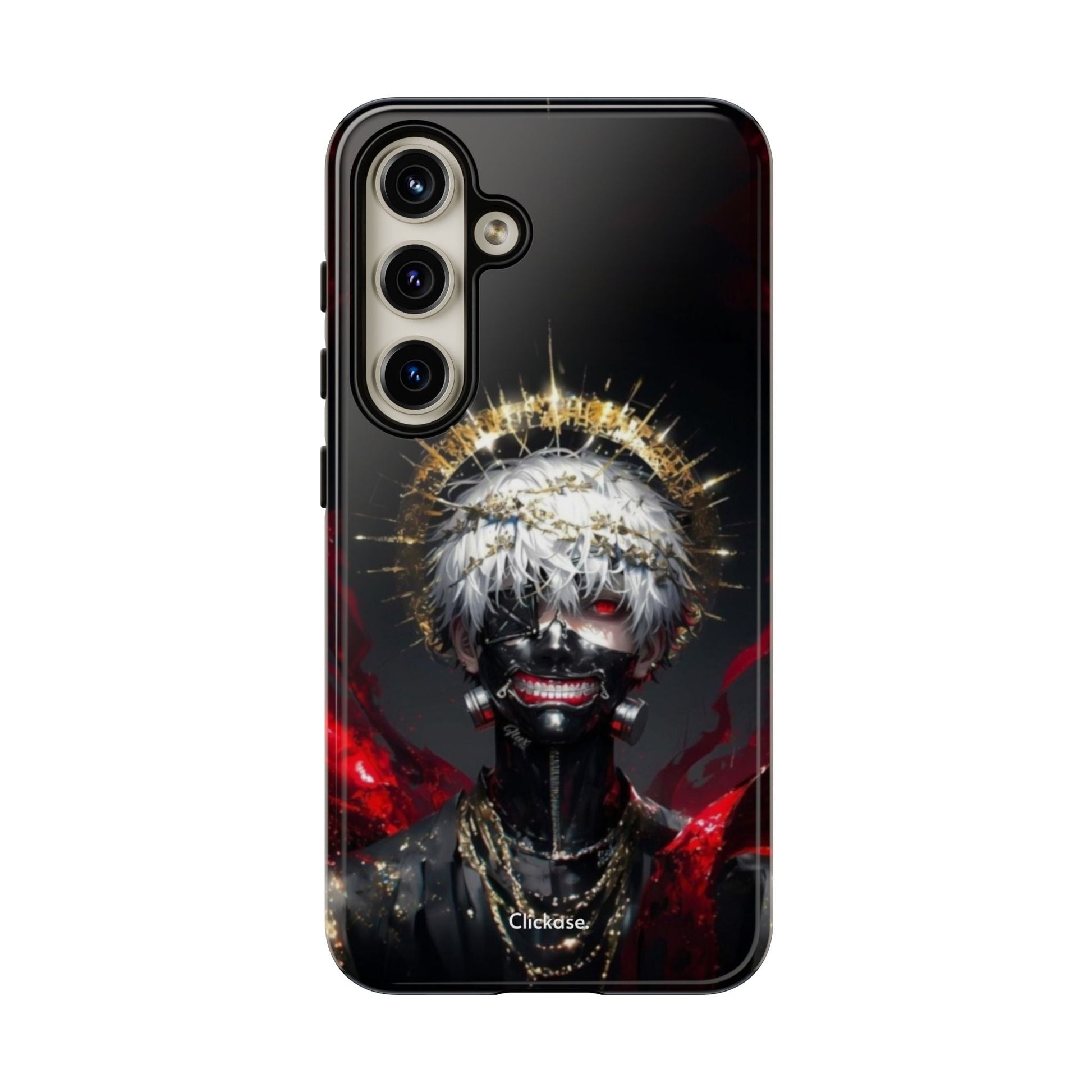 Ken Kaneki anime character phone case with 3D wrap, durable shock-absorbing design, and bold dark graphic style