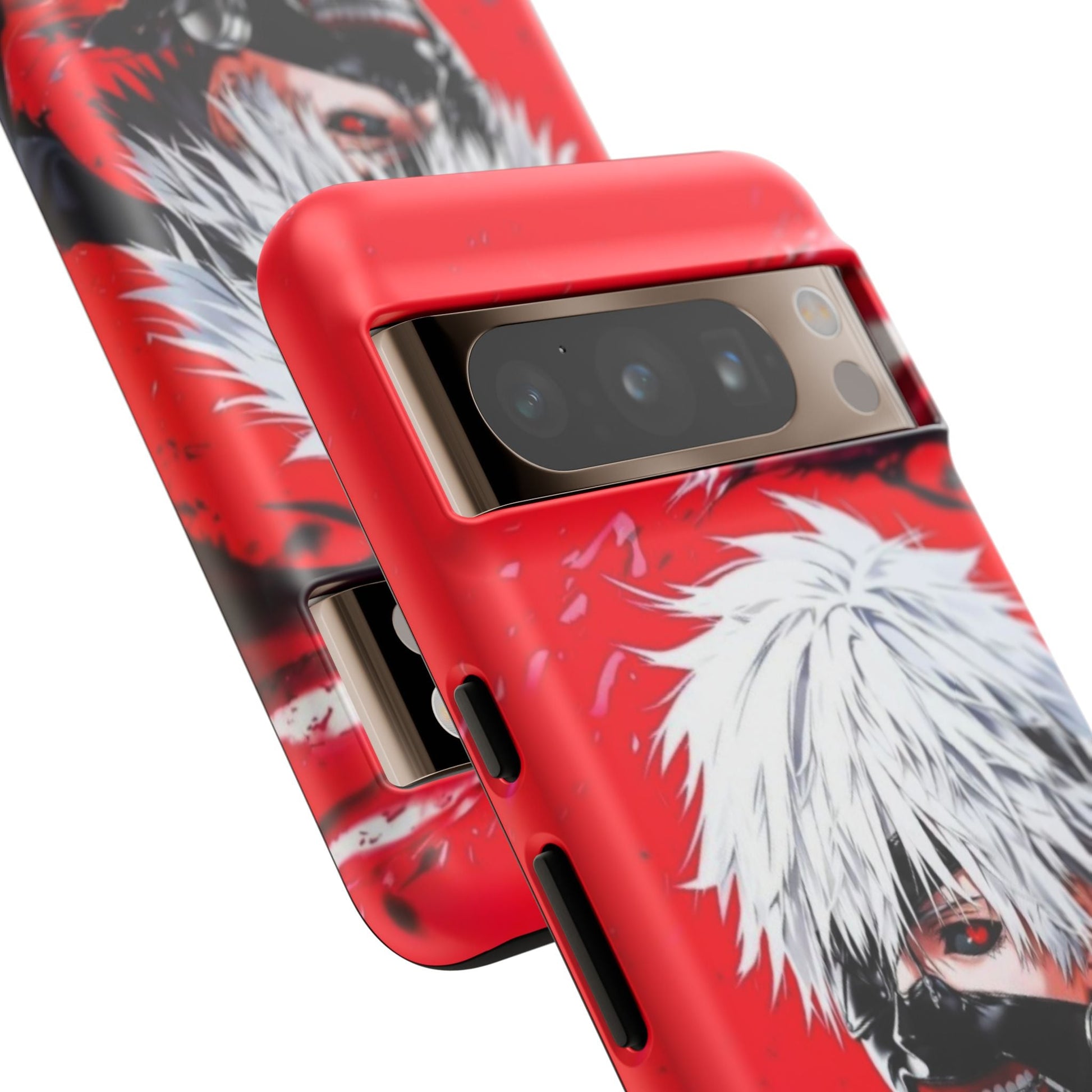 Ken Kaneki anime themed tough phone case with vibrant red and white 3D wrap design, durable impact-resistant protection, and wireless charging support