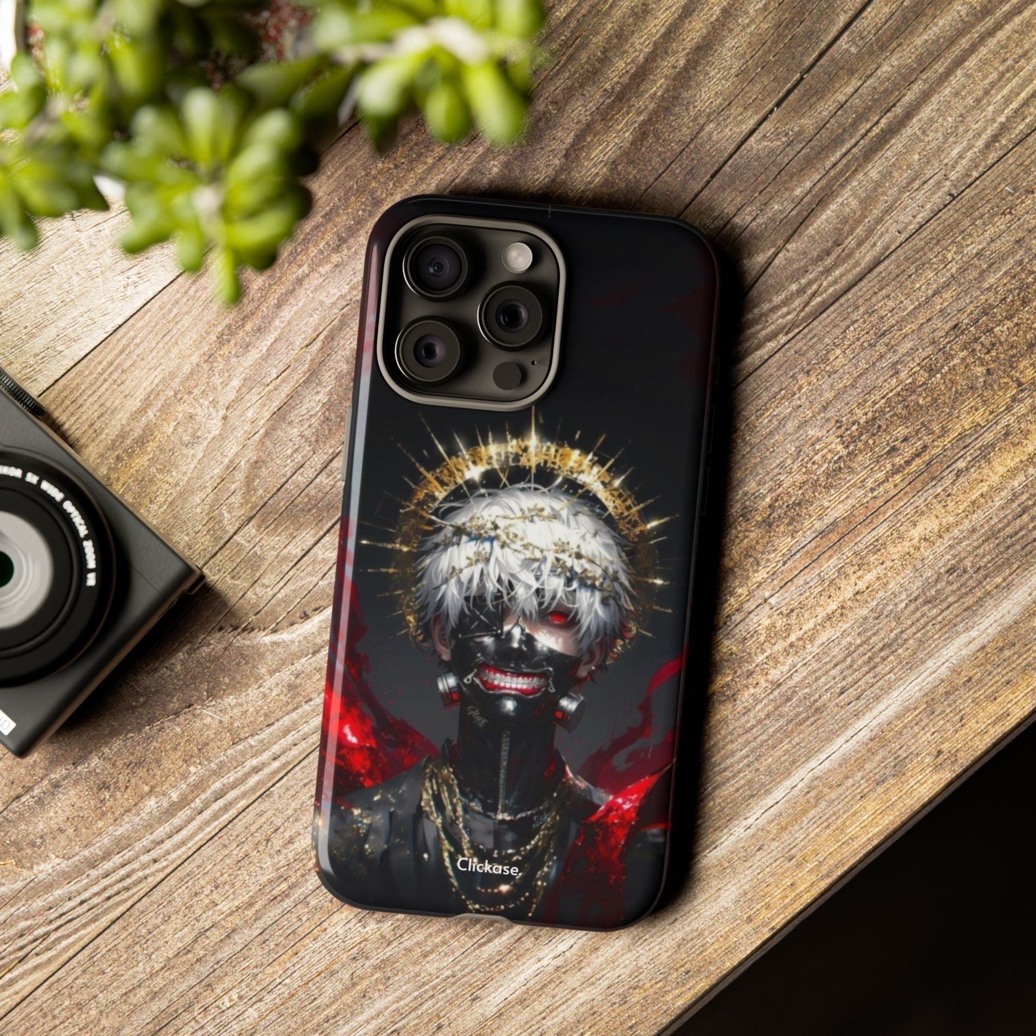 Ken Kaneki anime phone case with 3D wrap and shock-absorbing silicone liner on wooden surface