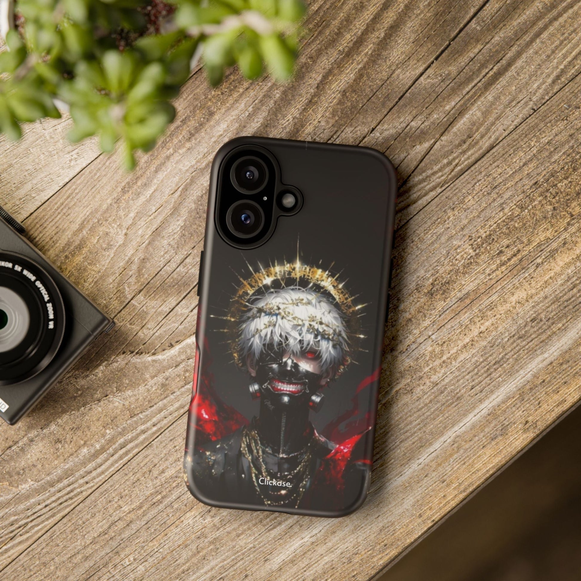 Ken Kaneki anime phone case with 3D wrap and shock-absorbing silicone liner on wooden surface