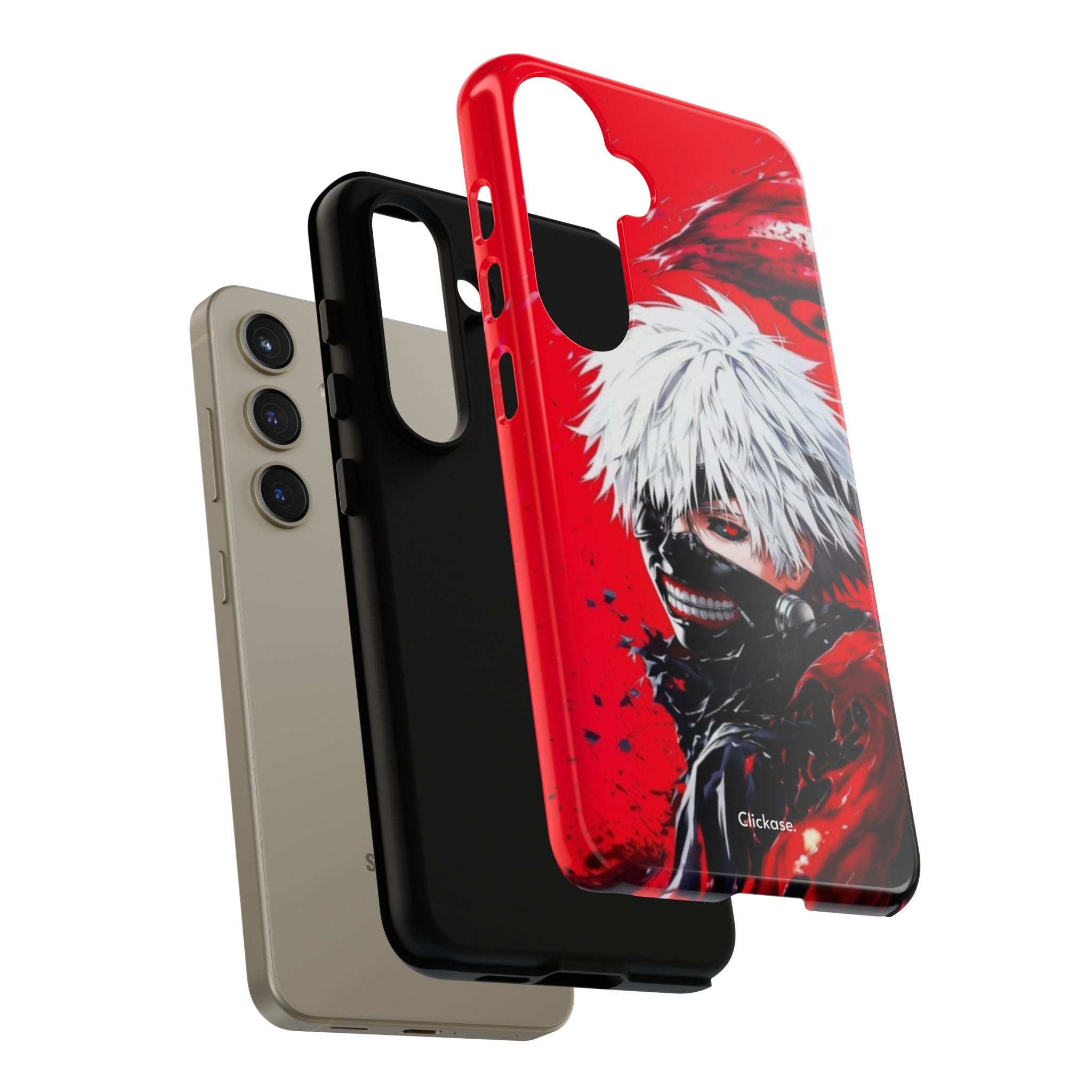 Ken Kaneki anime character tough phone case with vibrant red and black design for drop protection and style