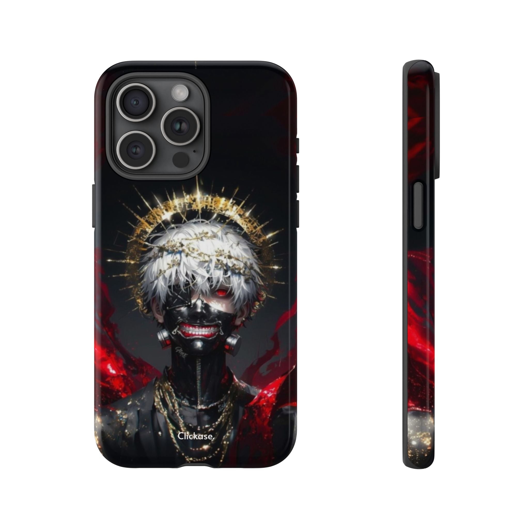 Ken Kaneki anime phone case with 3D wrap, durable shock-absorbing silicone, and vibrant design for iPhone.