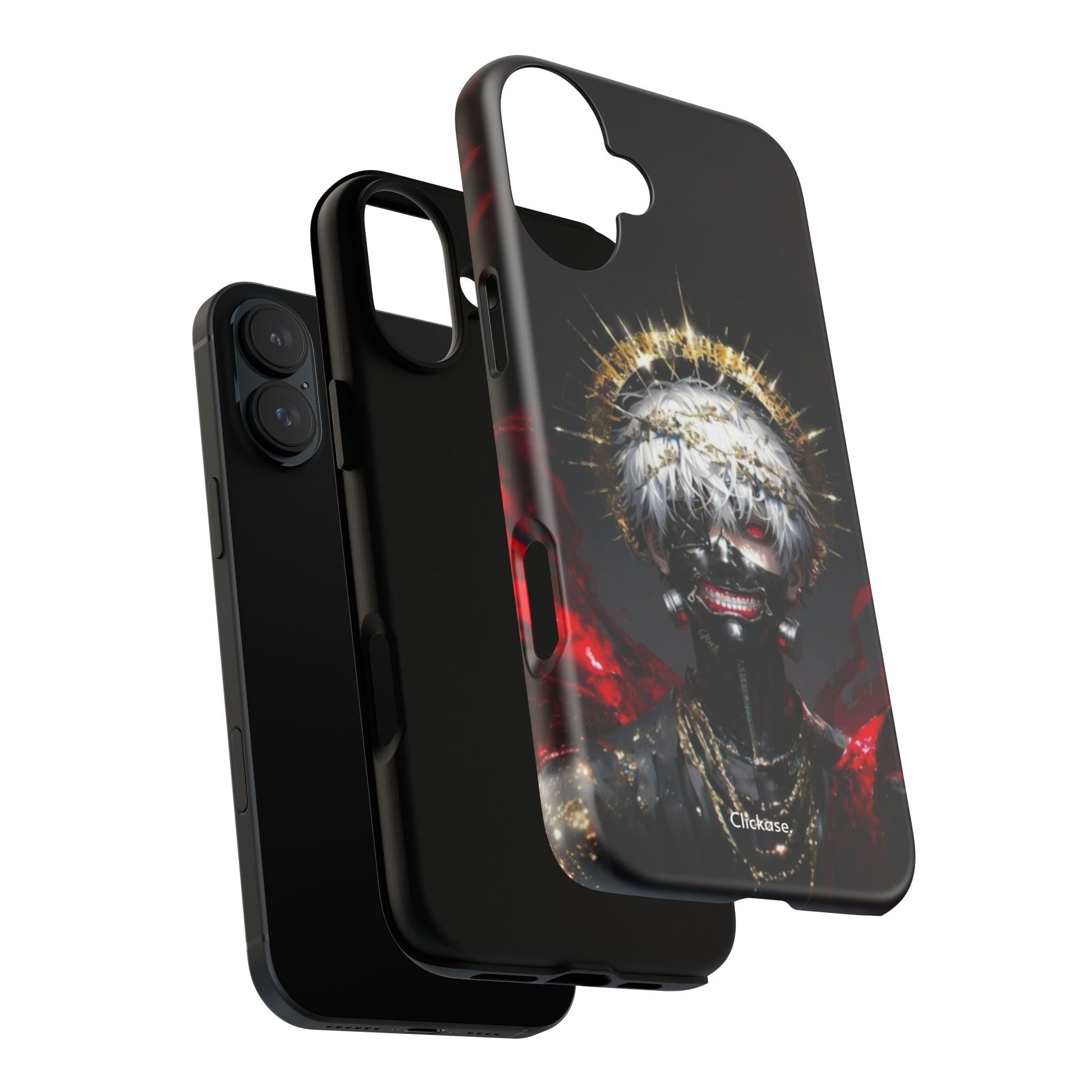 Ken Kaneki anime phone case with vibrant 3D design, shock-absorbing silicone, and wireless charging support
