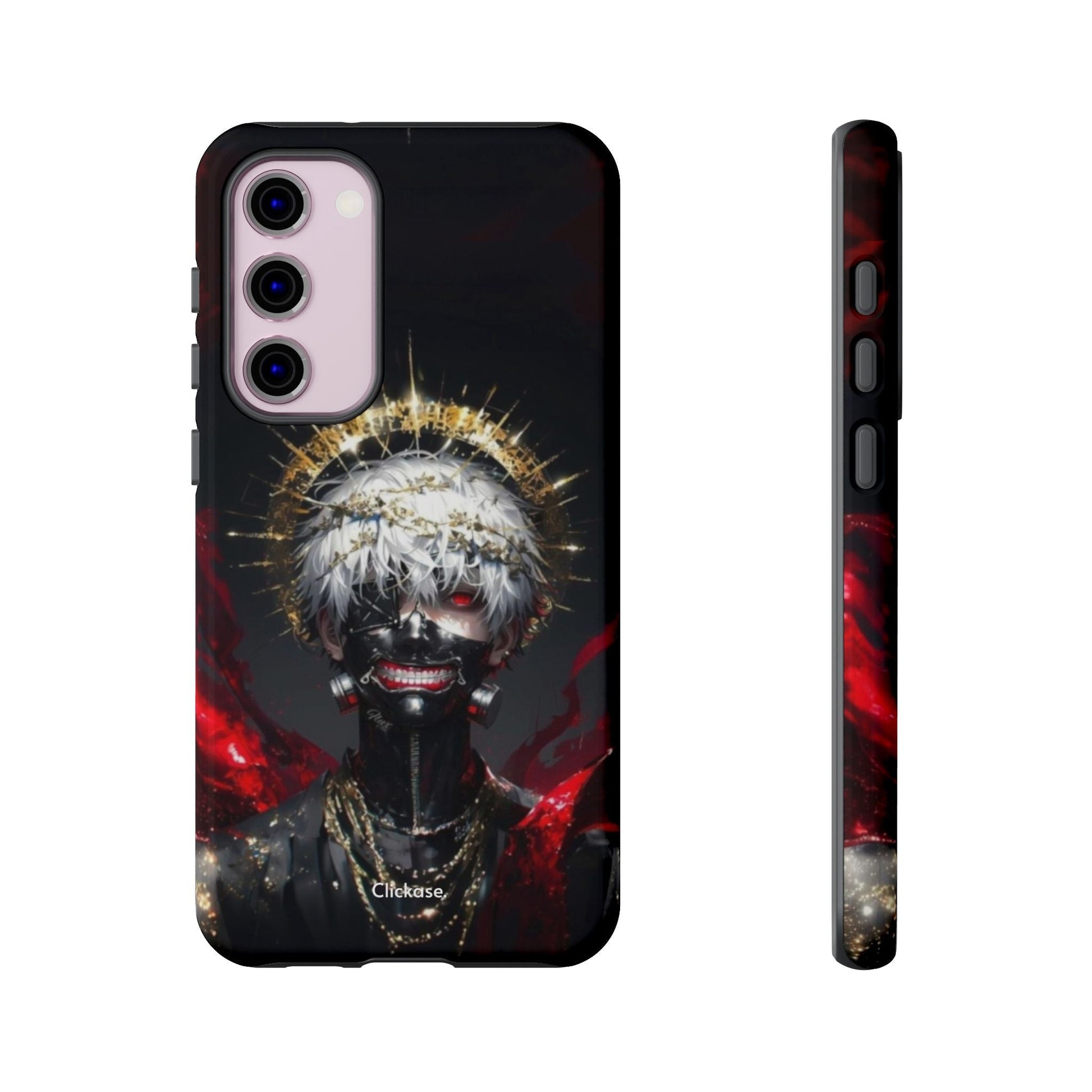 Ken Kaneki anime phone case with 3D wrap, shock-absorbing silicone, and UV protection for durable style and wireless charging compatibility