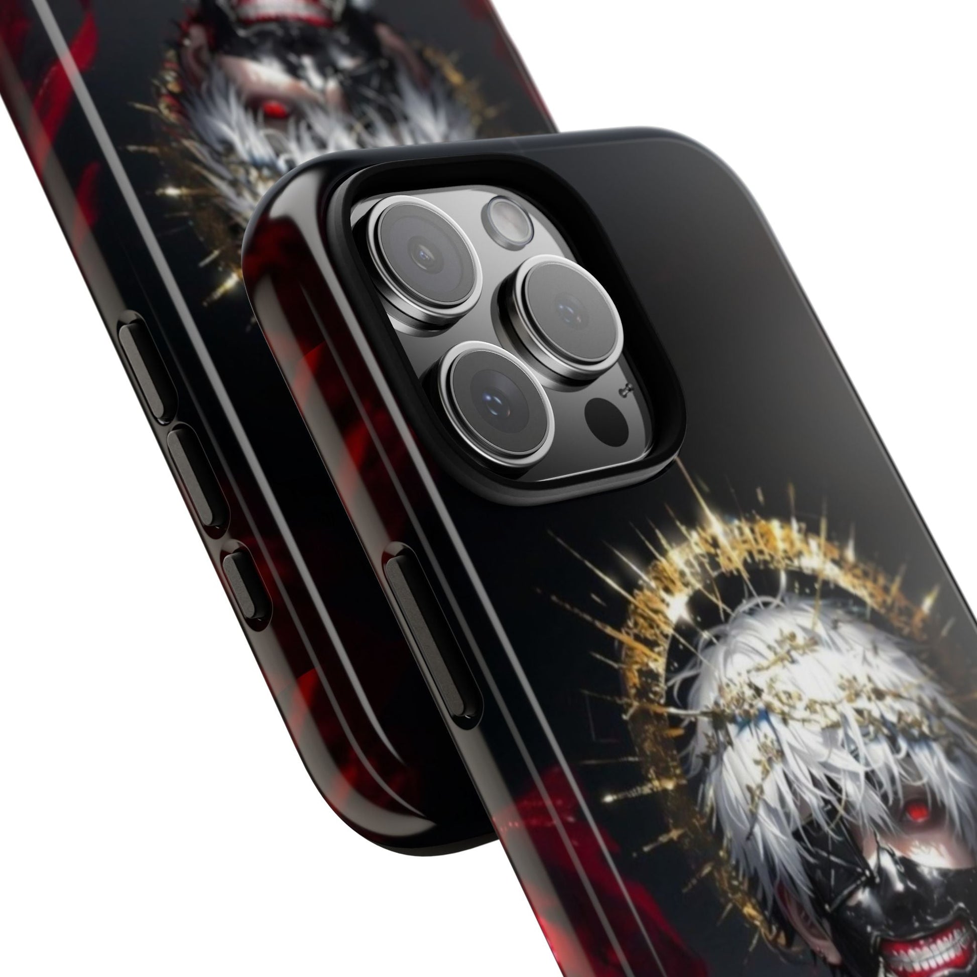 Ken Kaneki anime phone case with 3D wrap and shock-absorbing silicone liner for iPhone camera protection