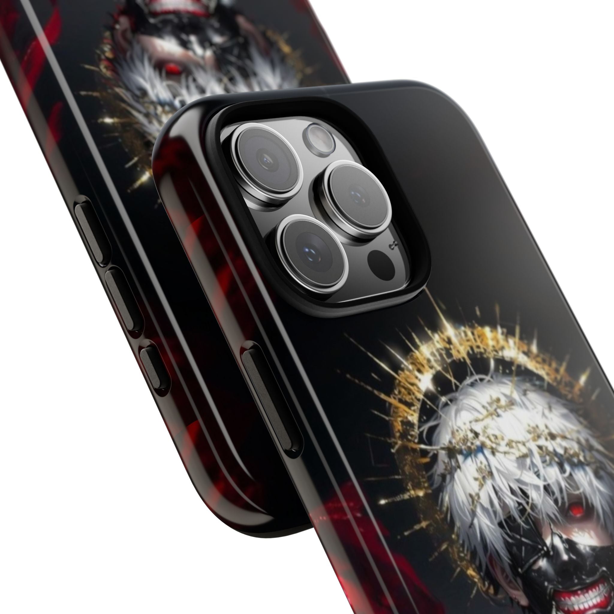 Ken Kaneki anime phone case with 3D wrap and shock-absorbing silicone liner for iPhone camera protection