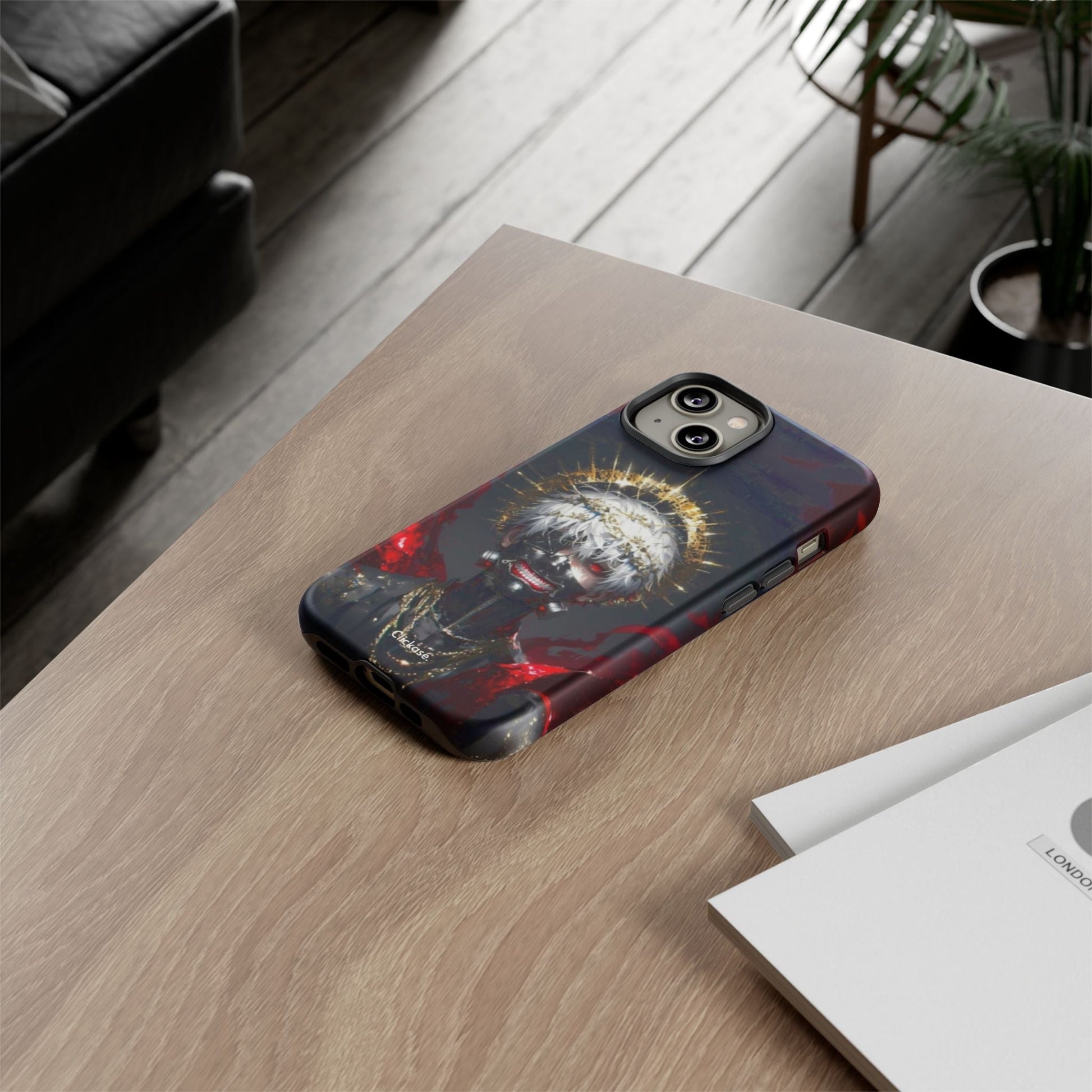 Ken Kaneki anime phone case with 3D wrap and shock-absorbing silicone liner on a wooden table
