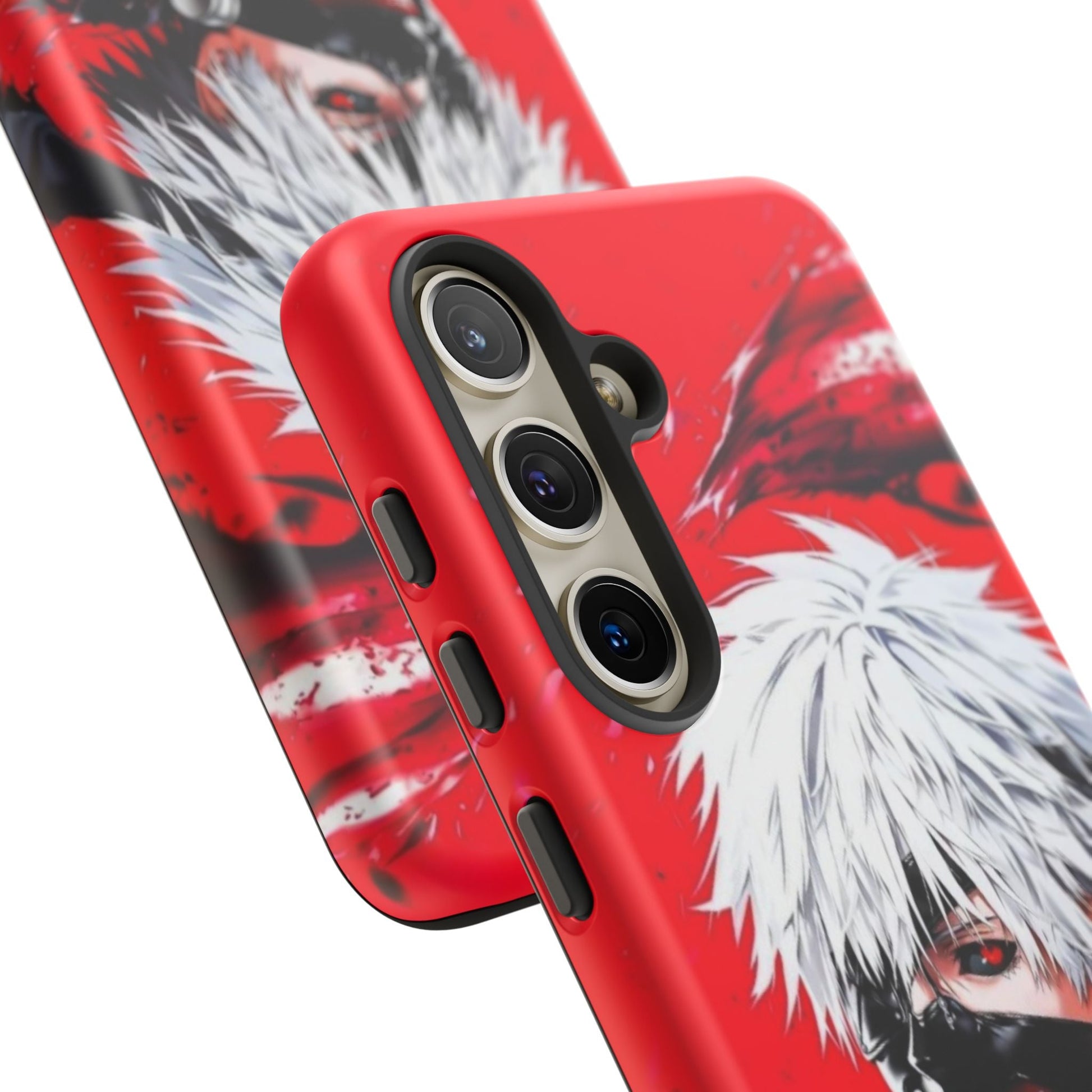 Ken Kaneki anime themed tough phone case with vibrant red and white design, durable shock-absorbent build, and full-color 3D wrap protection