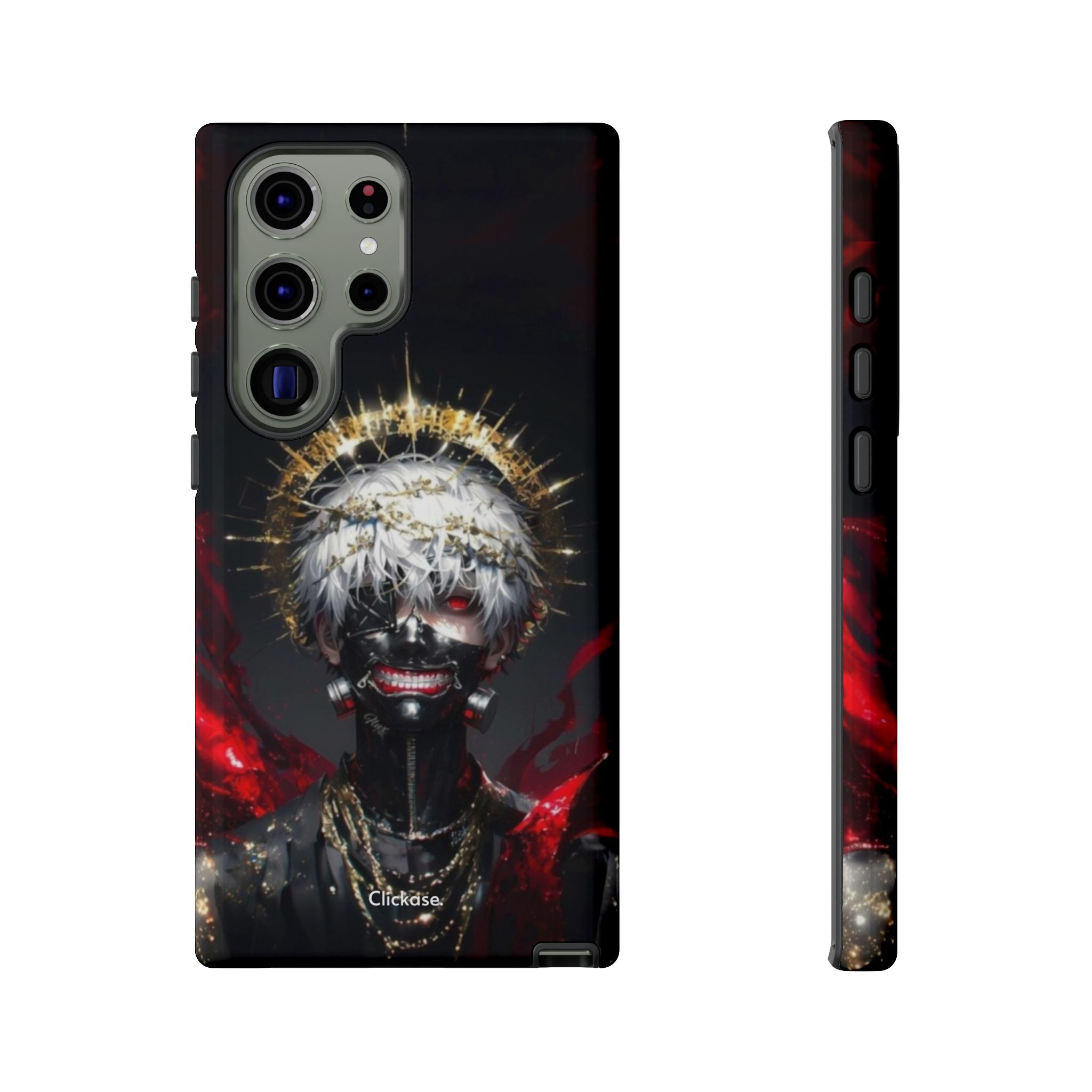 Ken Kaneki anime character phone case with 3D wrap, durable shock-absorbent design, and vibrant red-black graphics