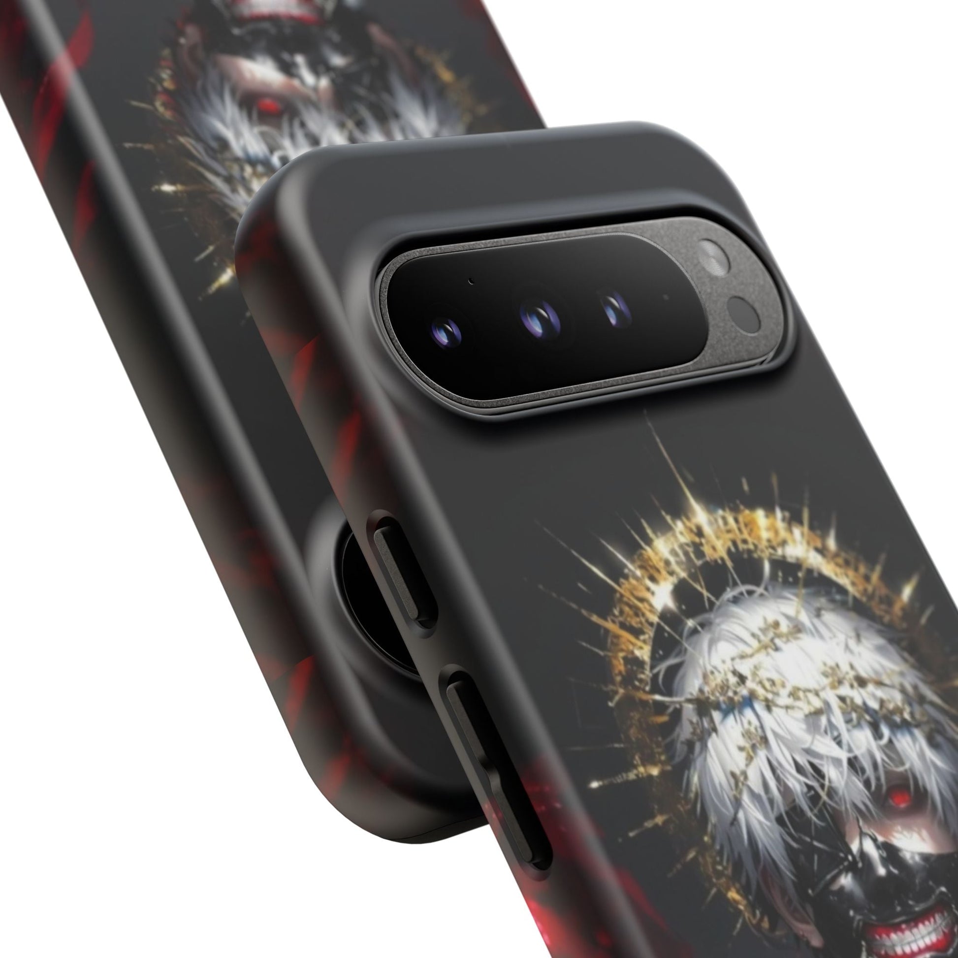 Ken Kaneki anime design phone case with 3D wrap, durable shock-absorbing protection, and wireless charging support