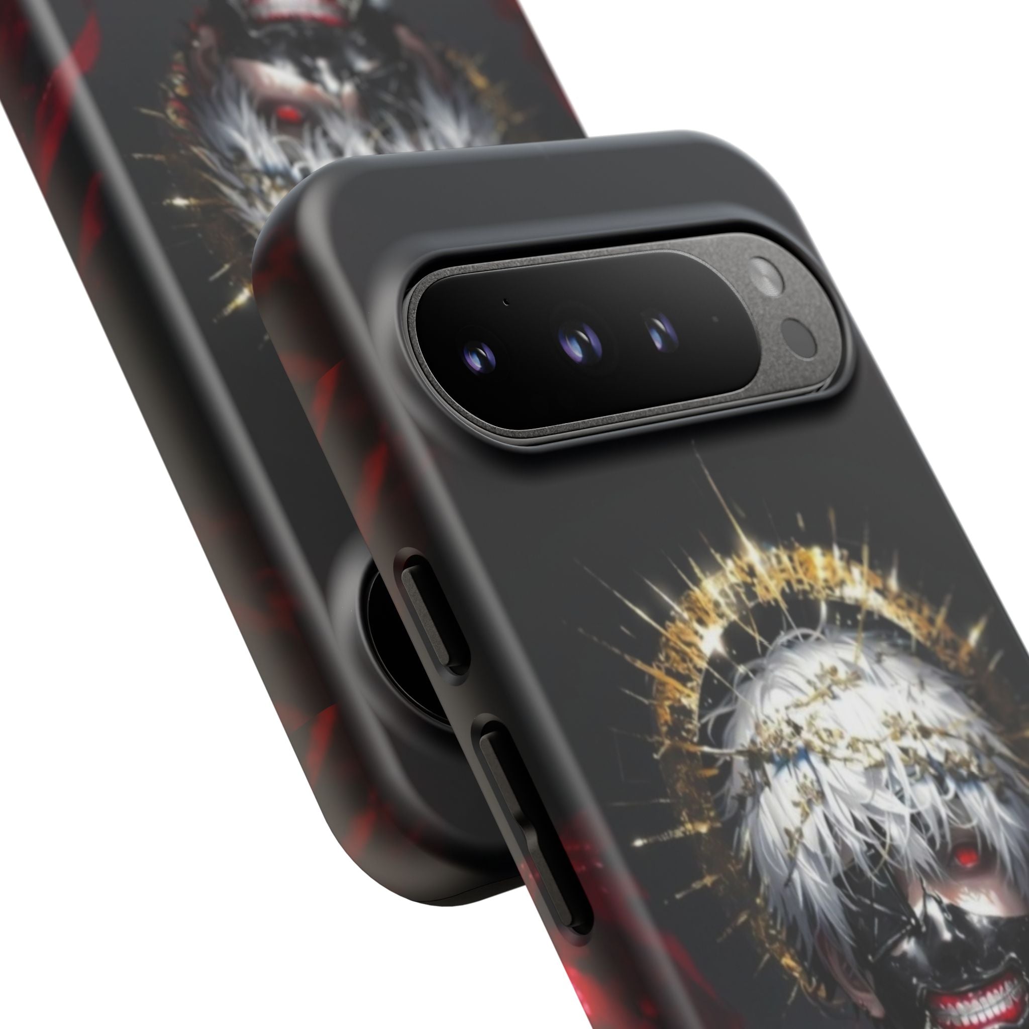 Ken Kaneki anime design phone case with 3D wrap, durable shock-absorbing protection, and wireless charging support