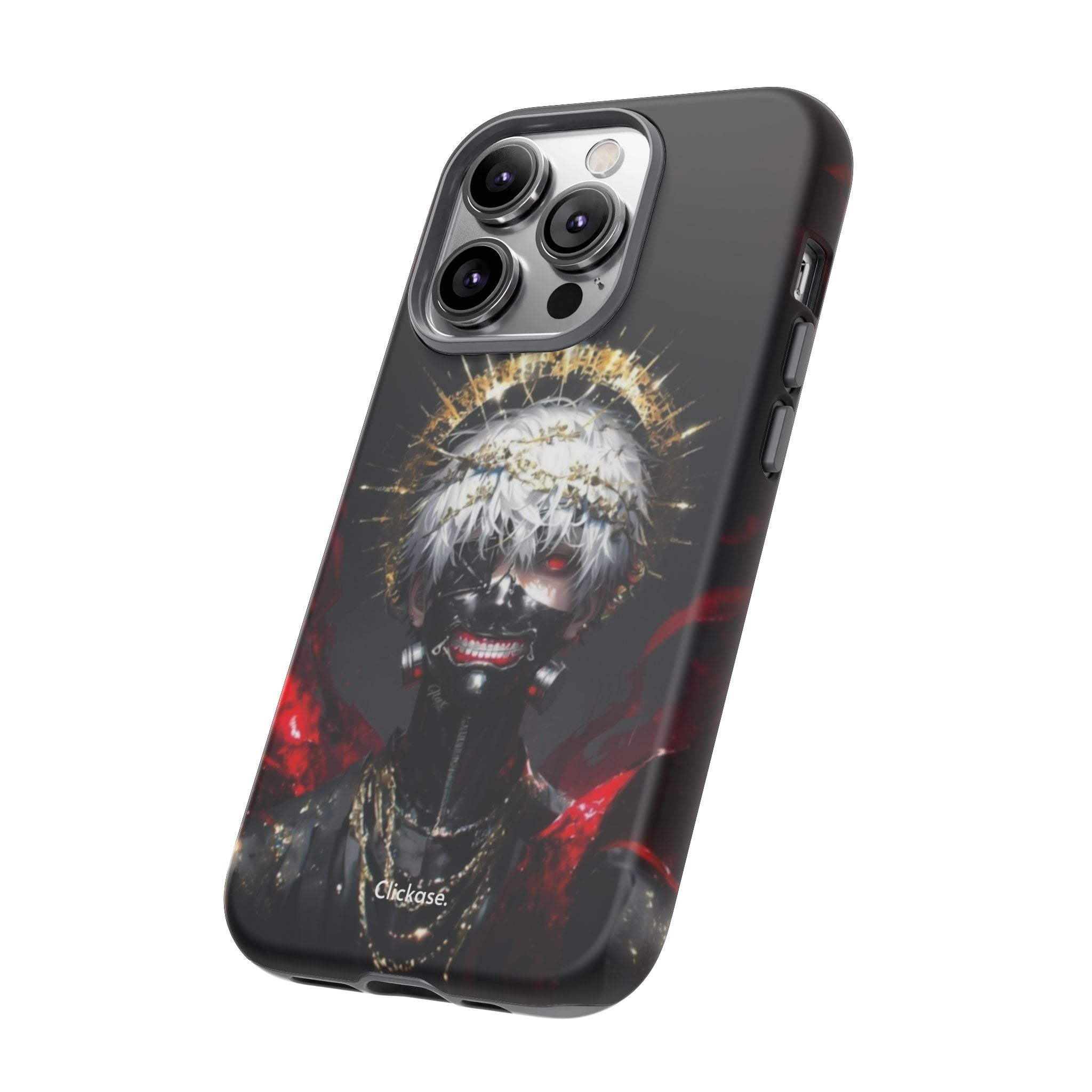 Ken Kaneki anime phone case with 3D wrap, shock-absorbing silicone liner, and wireless charging support