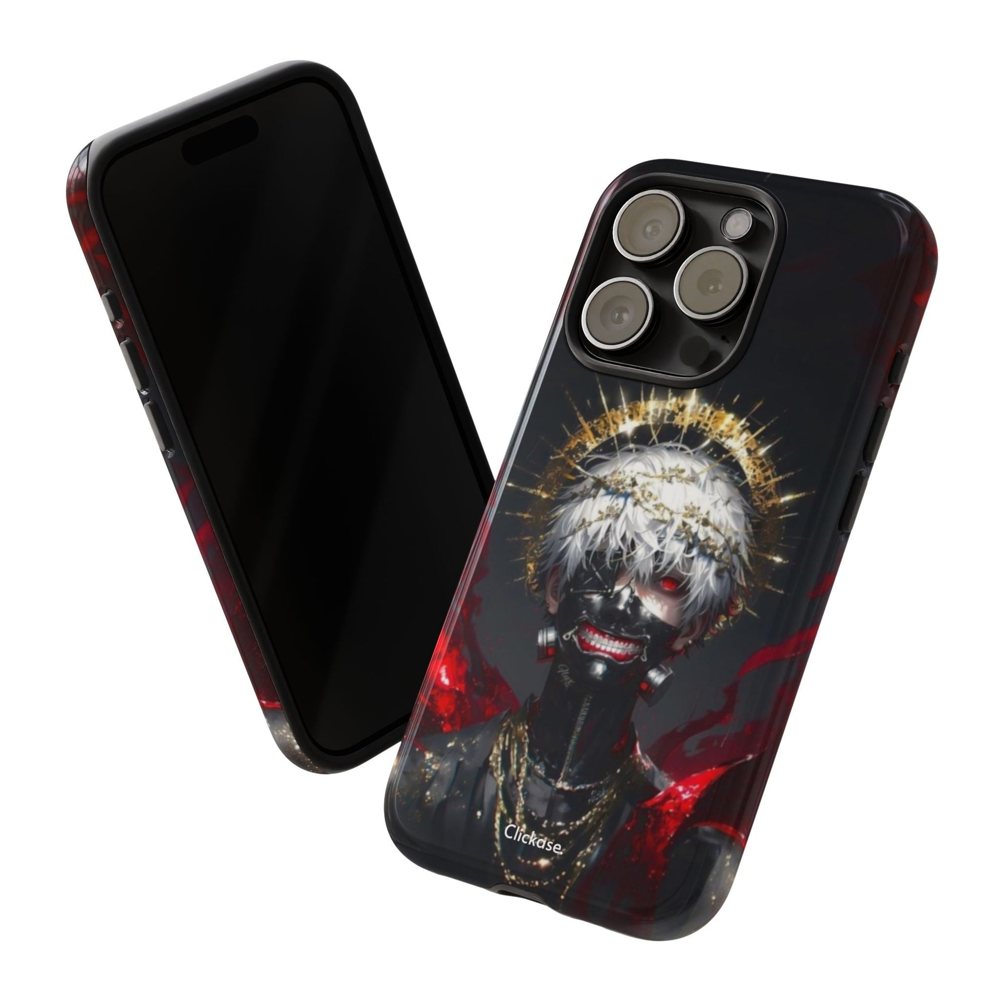 Ken Kaneki anime phone case with bold graphic, durable shock-absorbing design, wireless charging compatible