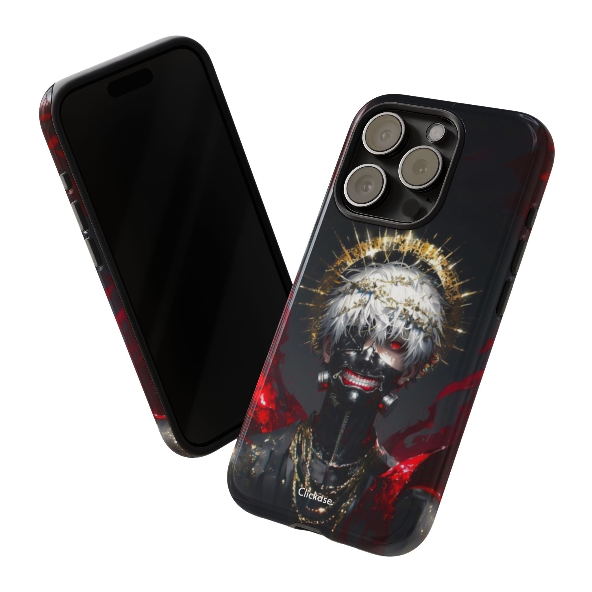 Ken Kaneki anime phone case with bold graphic, durable shock-absorbing design, wireless charging compatible