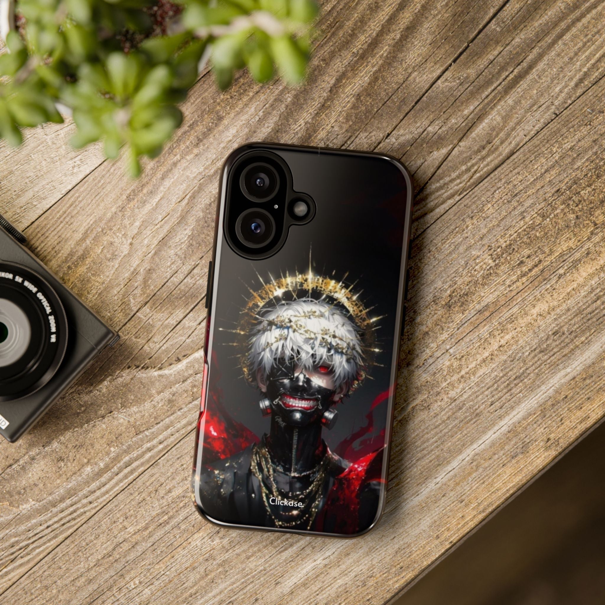 Ken Kaneki anime design phone case with 3D wrap and shock-absorbing silicone liner on black smartphone
