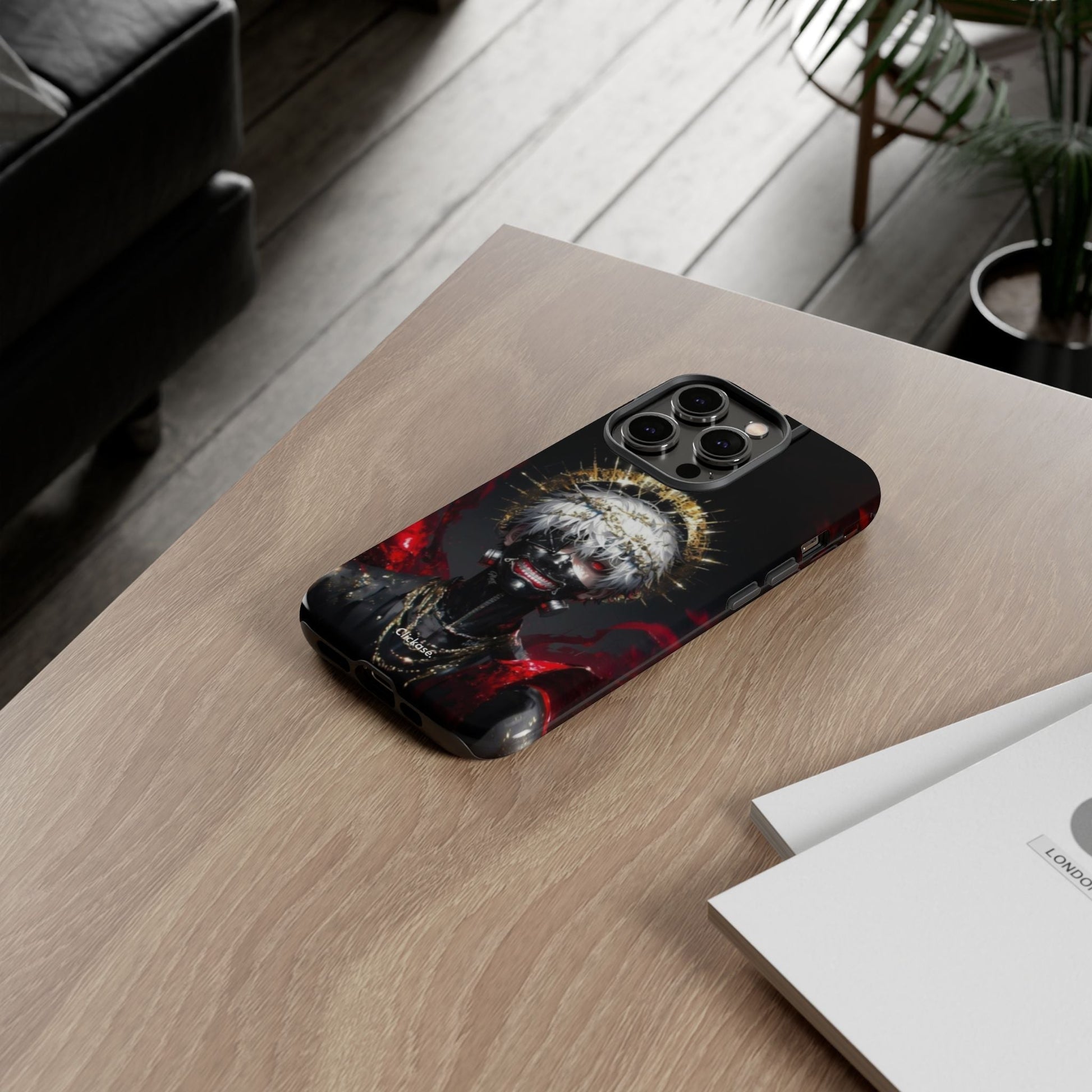Ken Kaneki anime phone case with vibrant 3D wrap, durable protective design, and shock-absorbing silicone liner for smartphones.