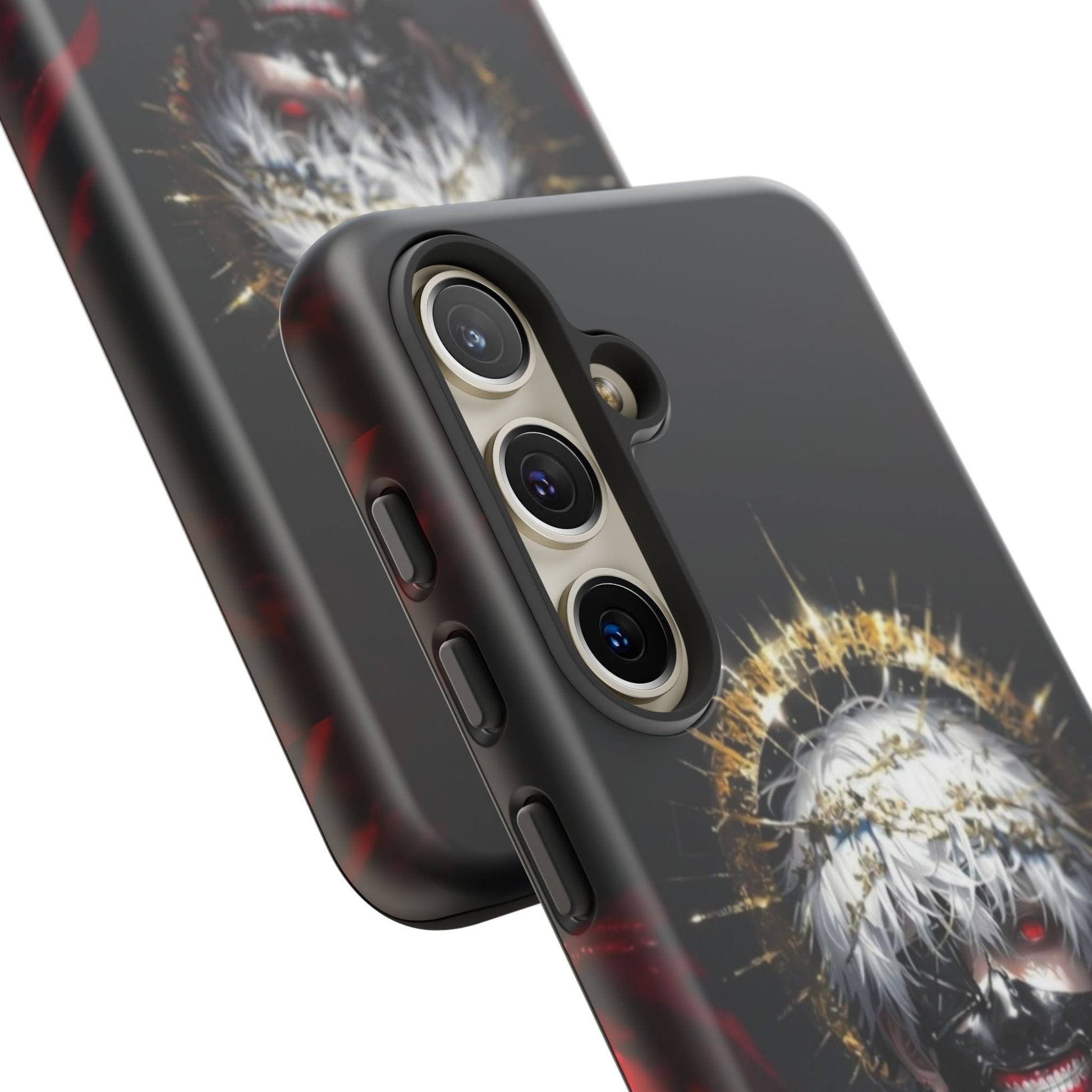 Ken Kaneki anime phone case with 3D wrap and shock-absorbing silicone liner for durable protection and wireless charging compatibility