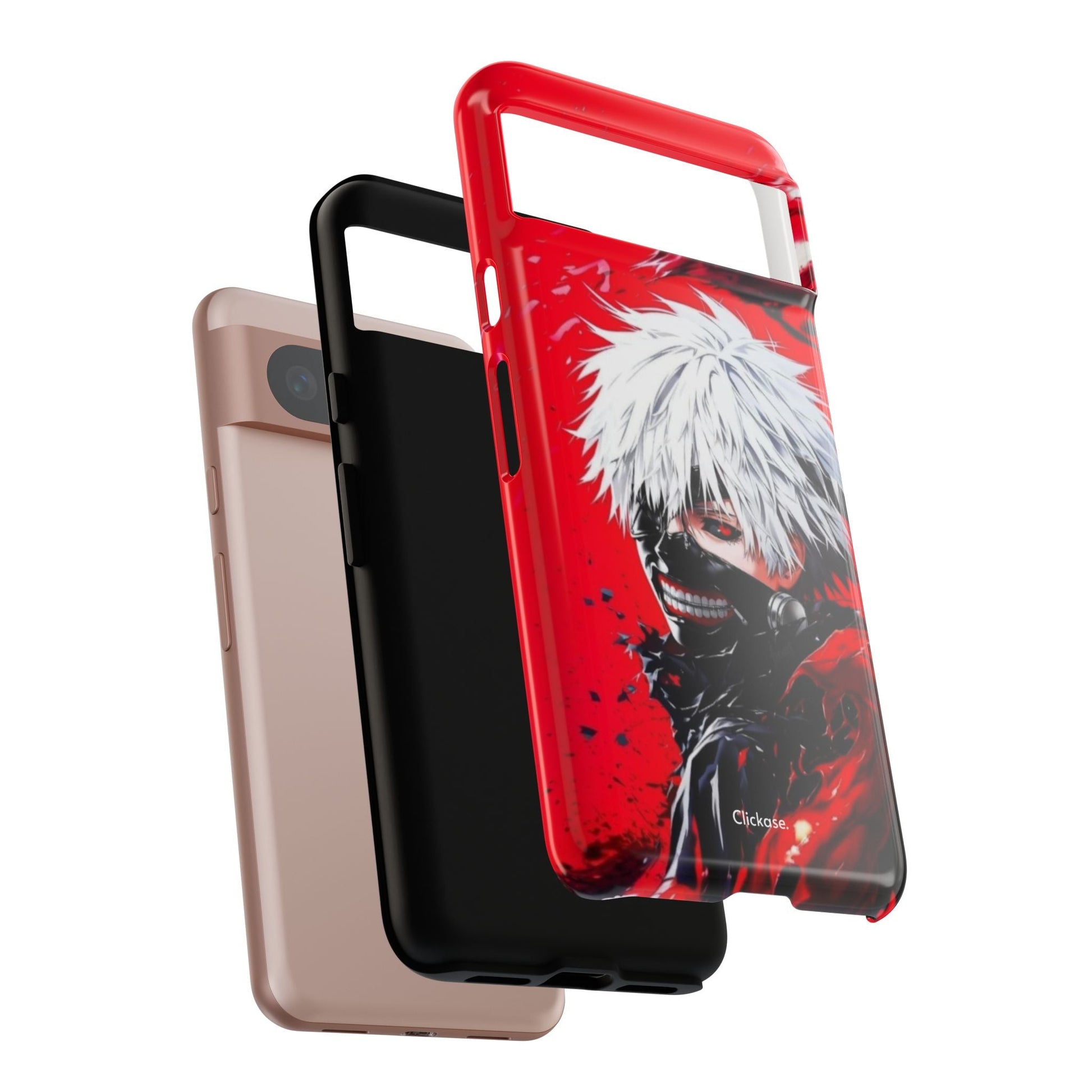 Ken Kaneki anime-themed durable phone case with vibrant red and black design, impact-resistant and wireless charging compatible