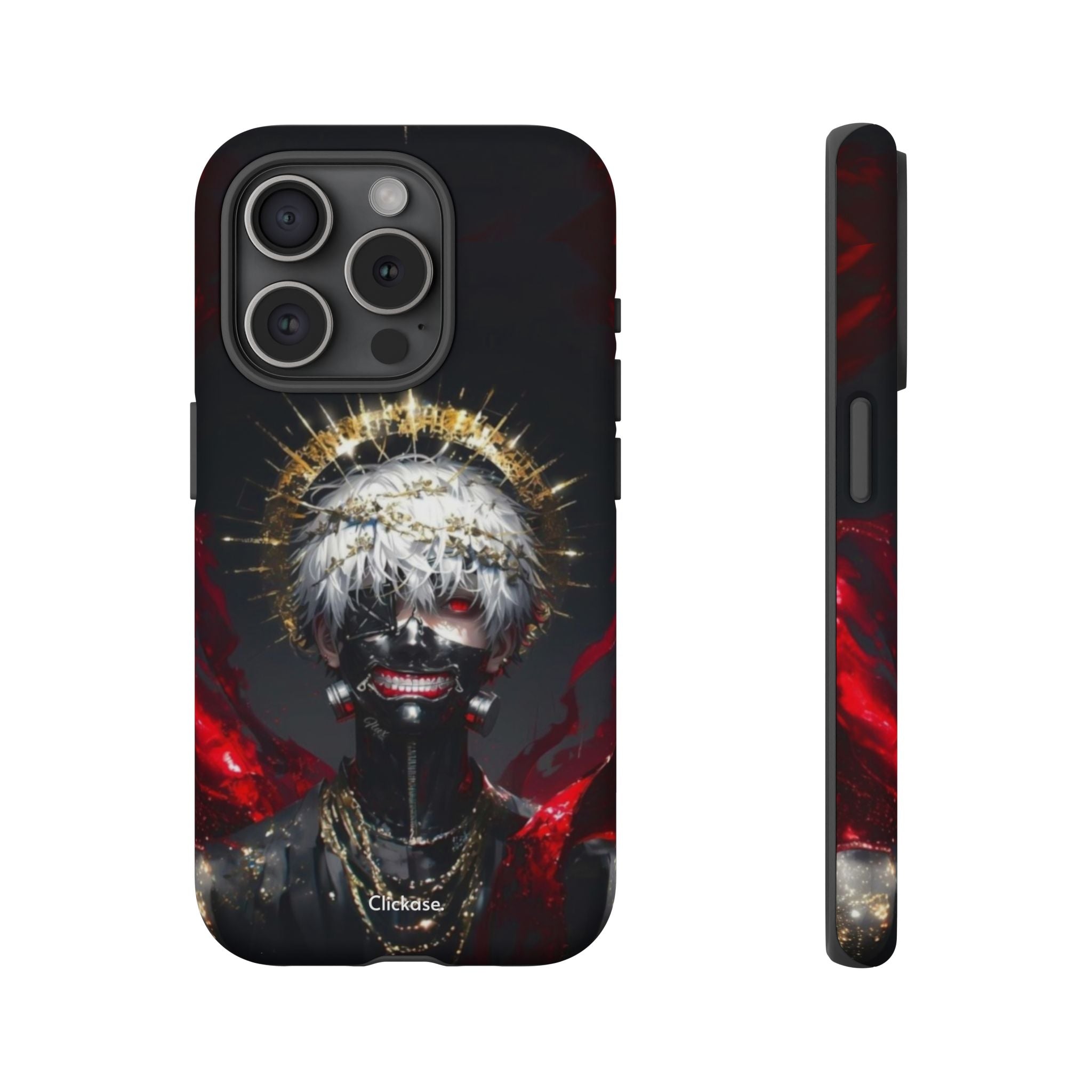 Ken Kaneki anime phone case with bold 3D wrap design, durable shock-absorbing silicone, and wireless charging support