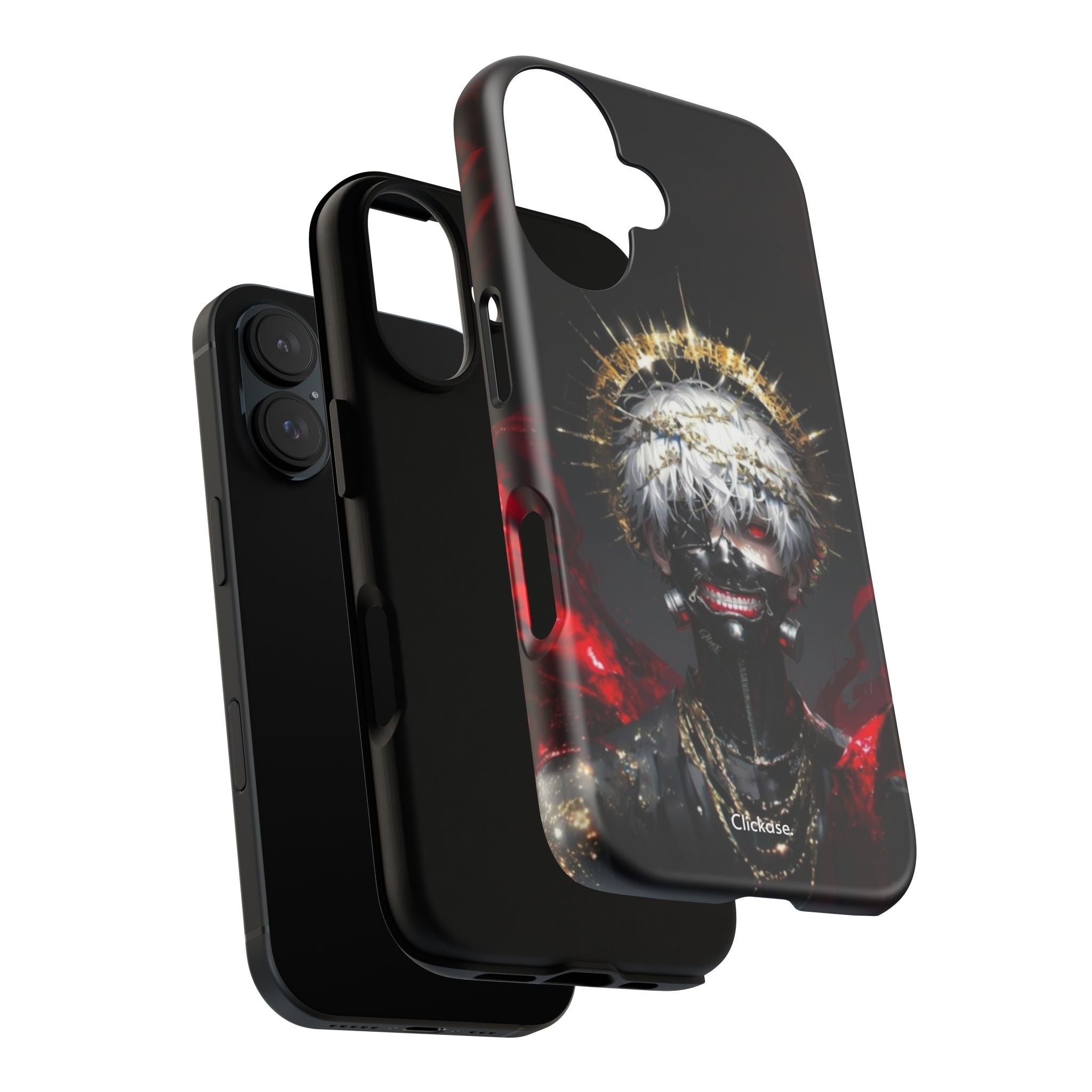 Ken Kaneki anime phone case with 3D wrap design, shock-absorbing silicone, and wireless charging support