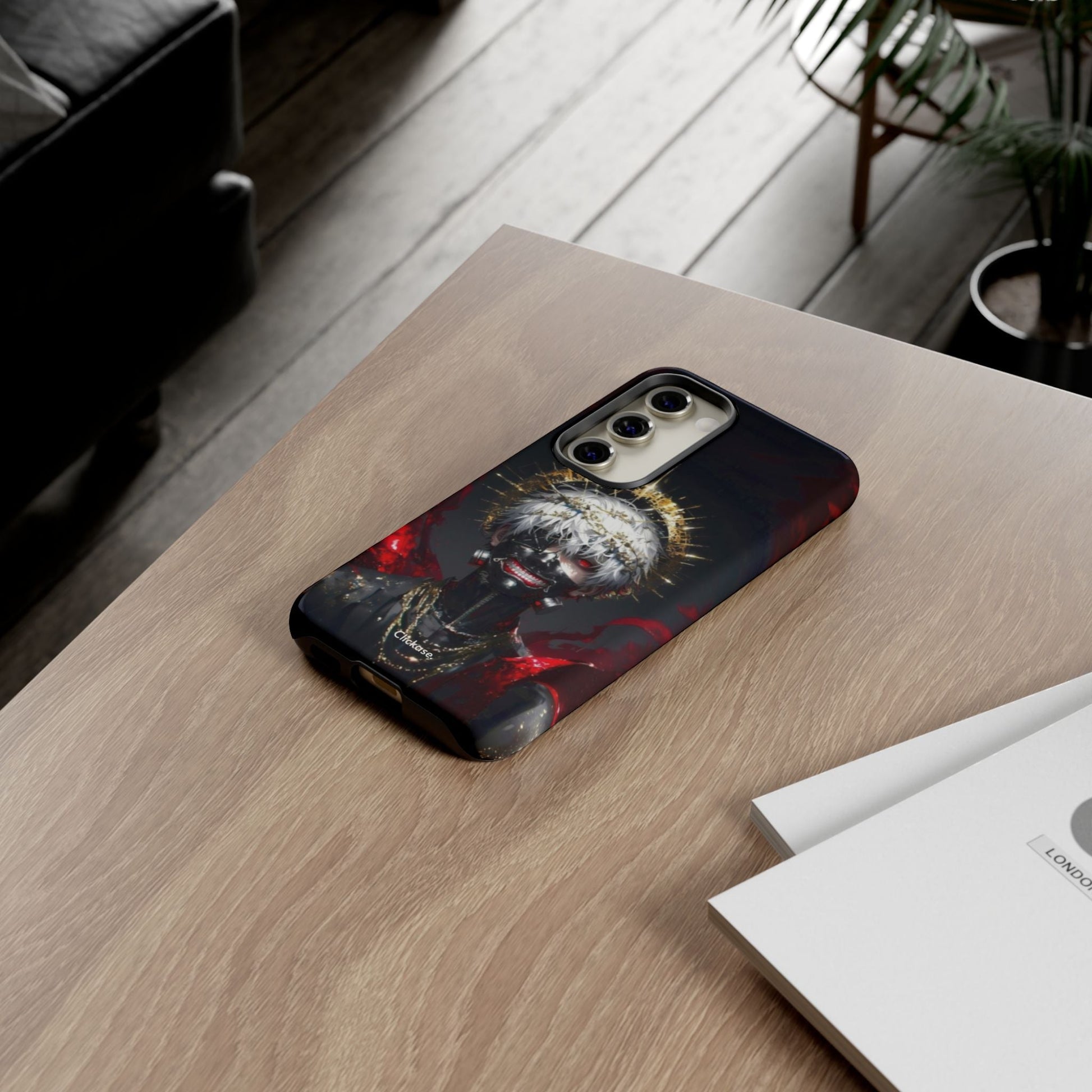 Ken Kaneki anime phone case with bold graphic design and durable protective features on wooden table