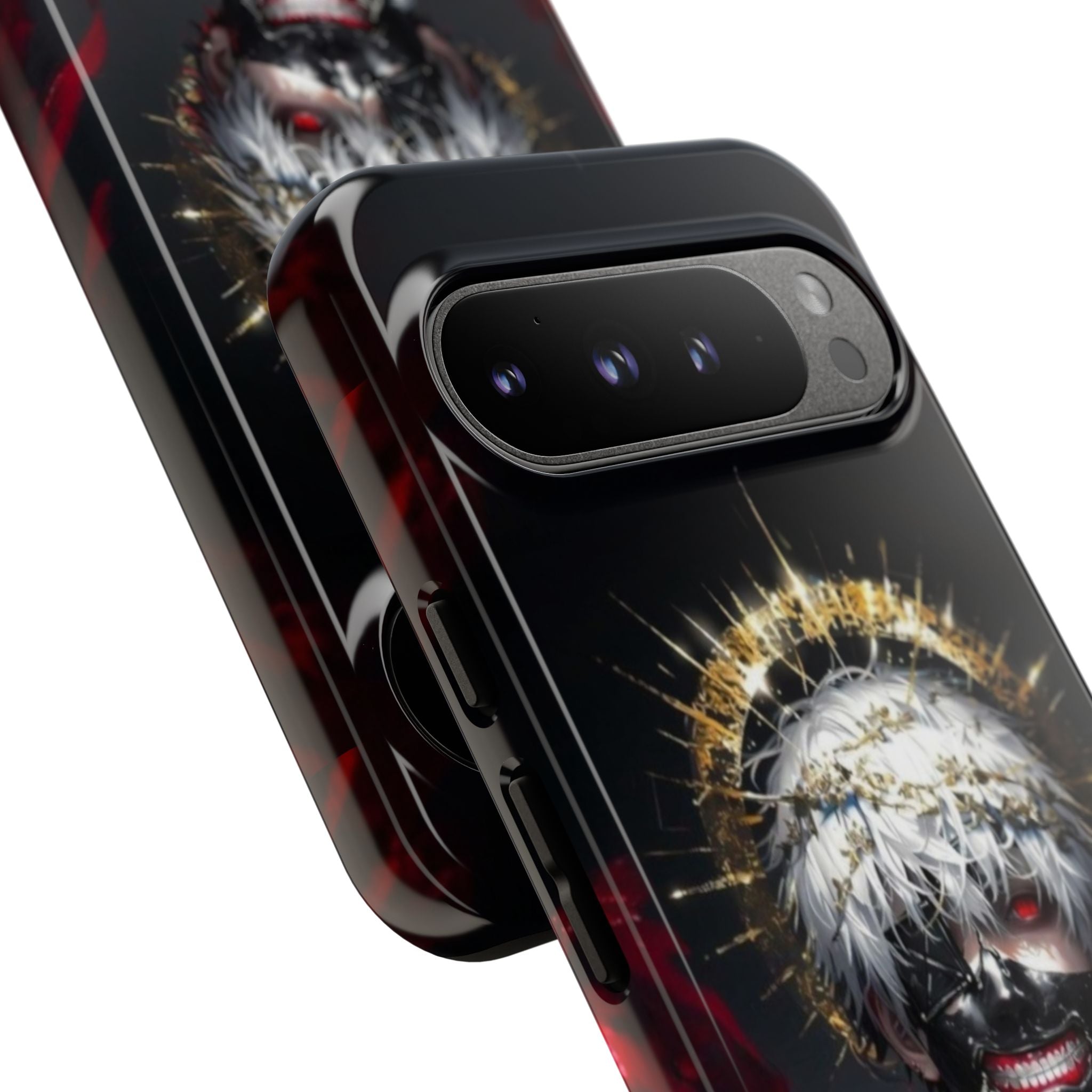 Ken Kaneki anime phone case with 3D wrap, durable shock-absorbing design, and wireless charging support