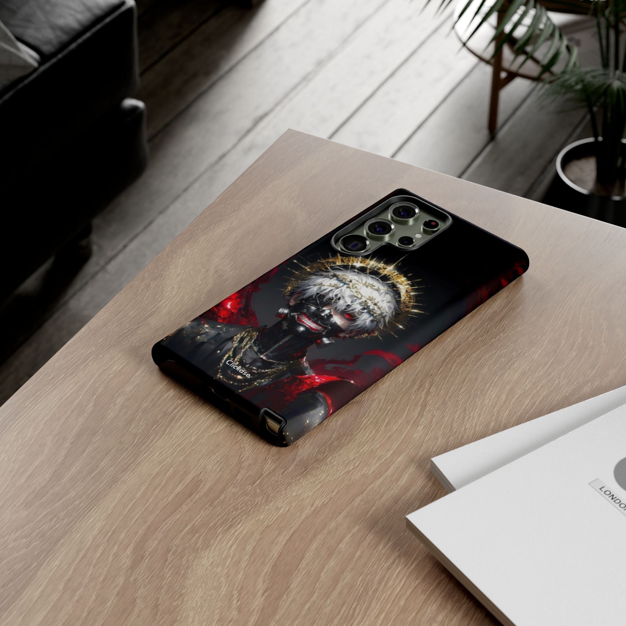 Ken Kaneki anime-themed phone case with vibrant 3D wrap and durable protective design on wooden table