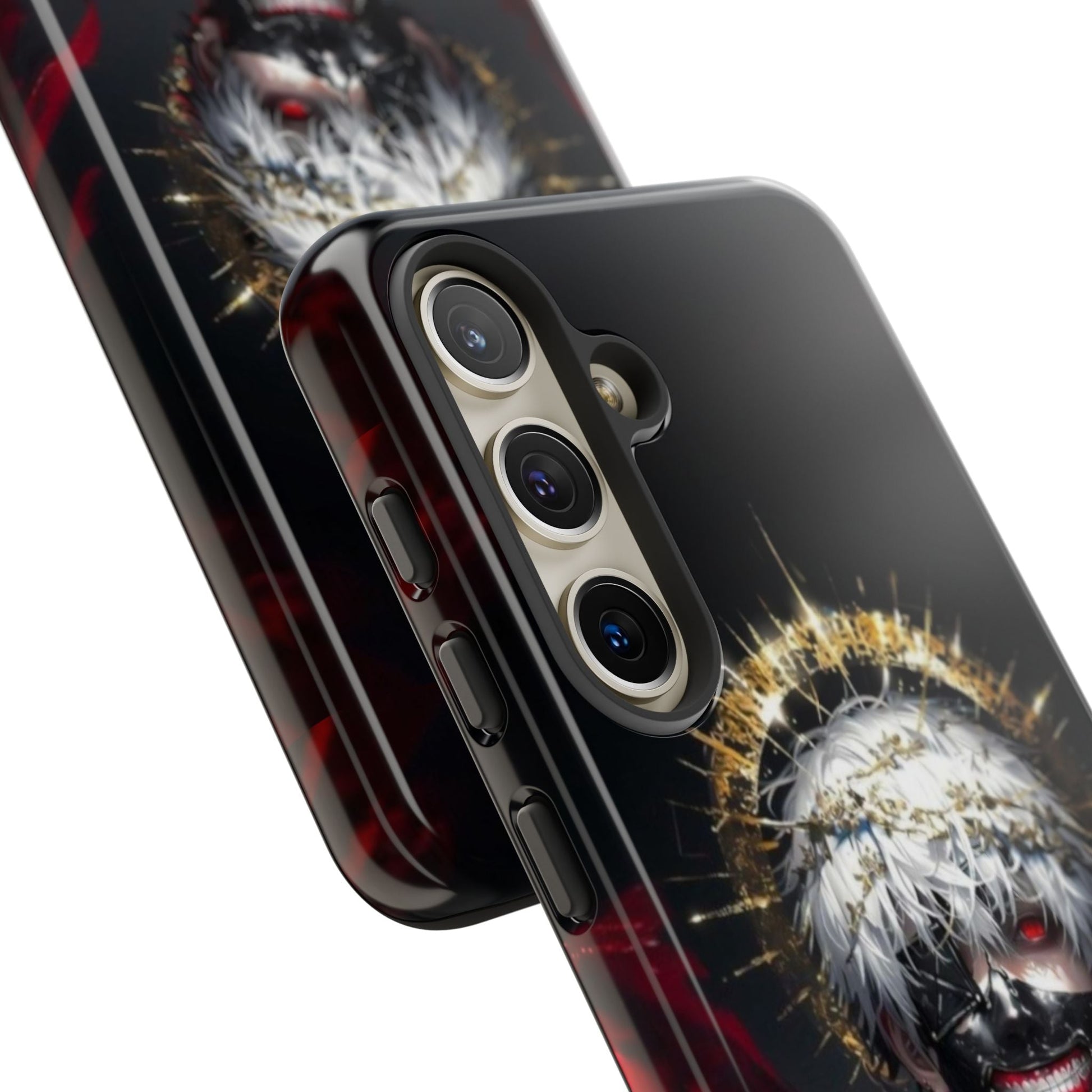 Ken Kaneki anime-themed phone case with 3D wrap, durable build, shock-absorbing silicone liner, UV protection, and wireless charging support.