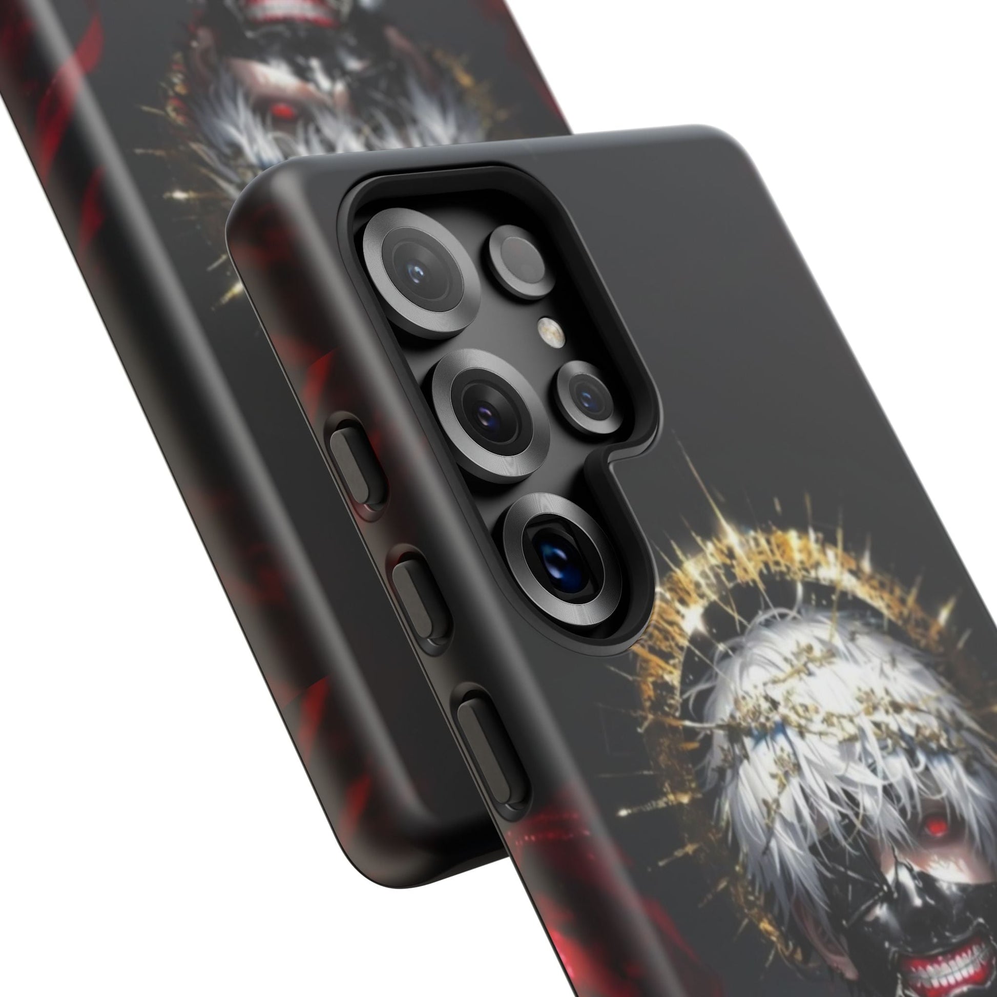 Ken Kaneki anime phone case with dark, edgy design, shock-absorbing silicone, and wireless charging support