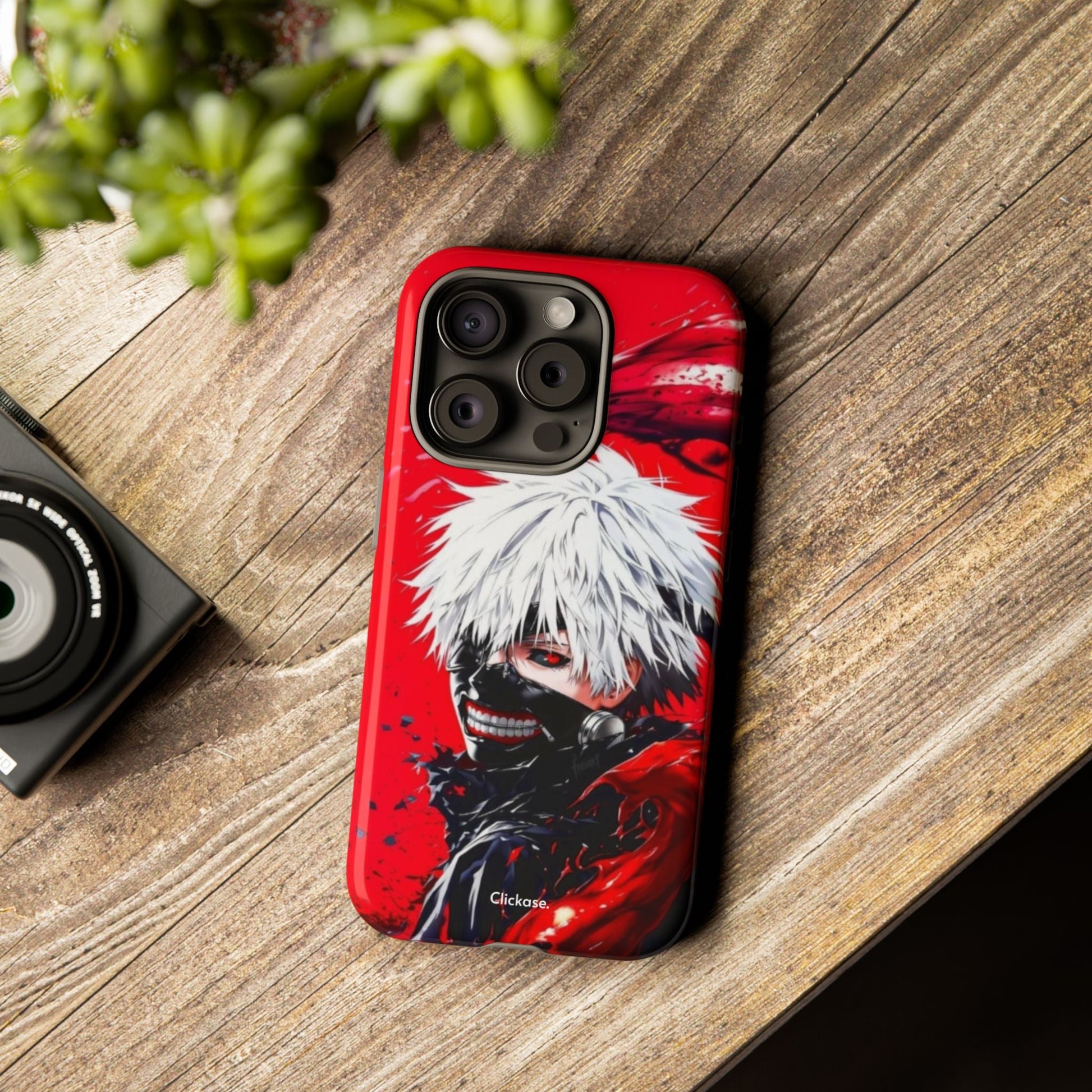 Ken Kaneki anime-themed tough phone case with vibrant red and black design, durable and impact-resistant protection