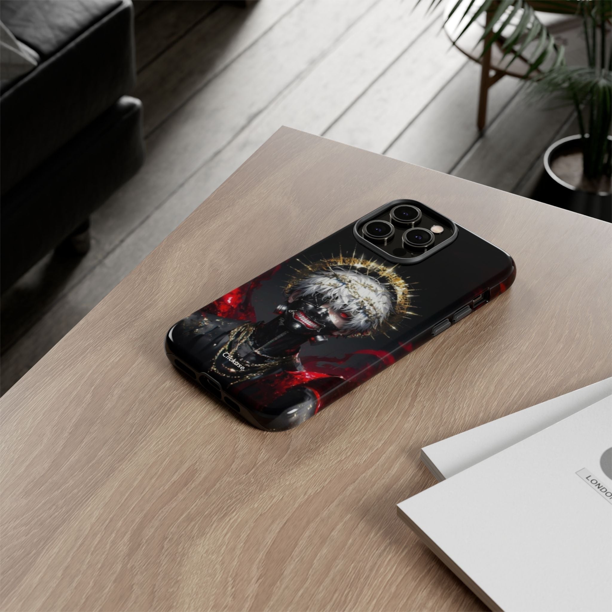 Ken Kaneki anime phone case with vibrant design and durable protection on wooden table
