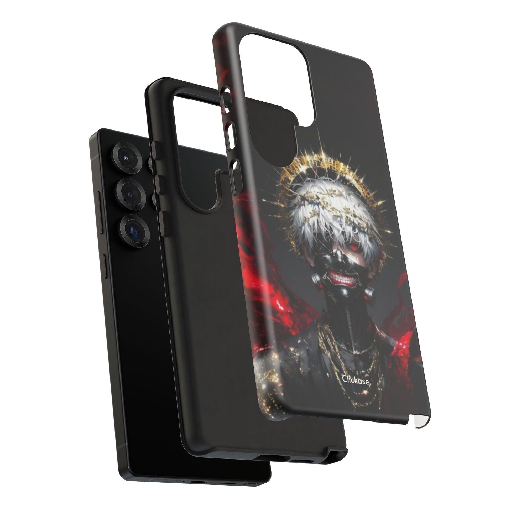 Ken Kaneki anime phone case with 3D wrap, shock-absorbing silicone, and black red graphic design