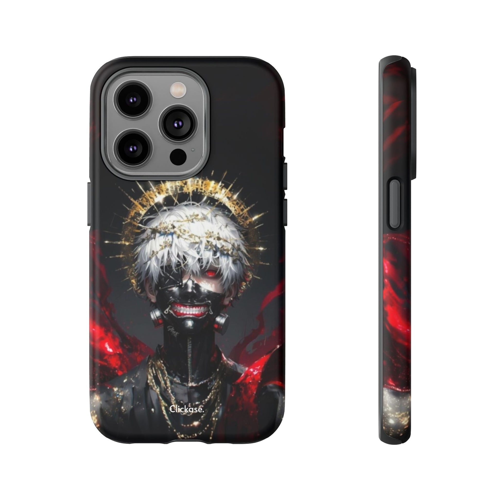 Ken Kaneki anime design phone case with 3D wrap, durable shock-absorbing silicone, and wireless charging support