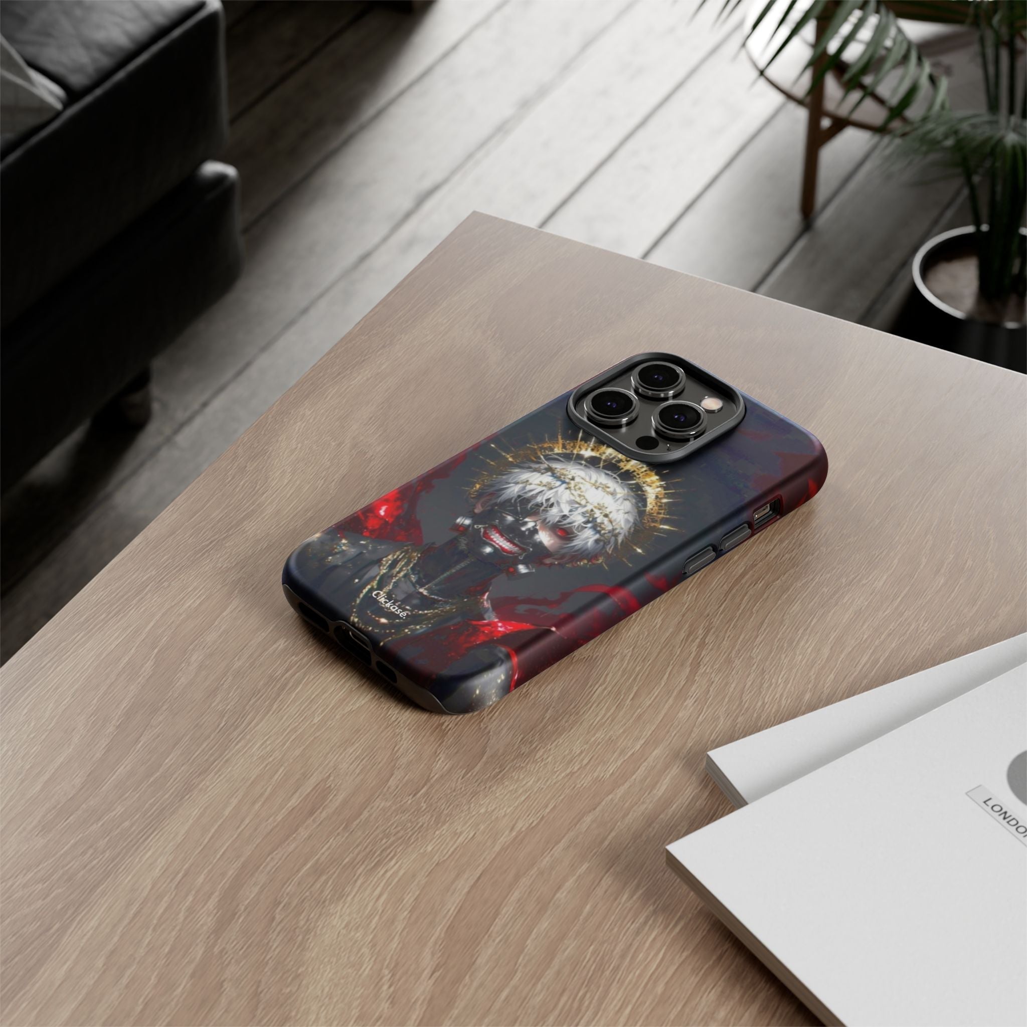 Ken Kaneki anime character design phone case on wooden table with black smartphone inside
